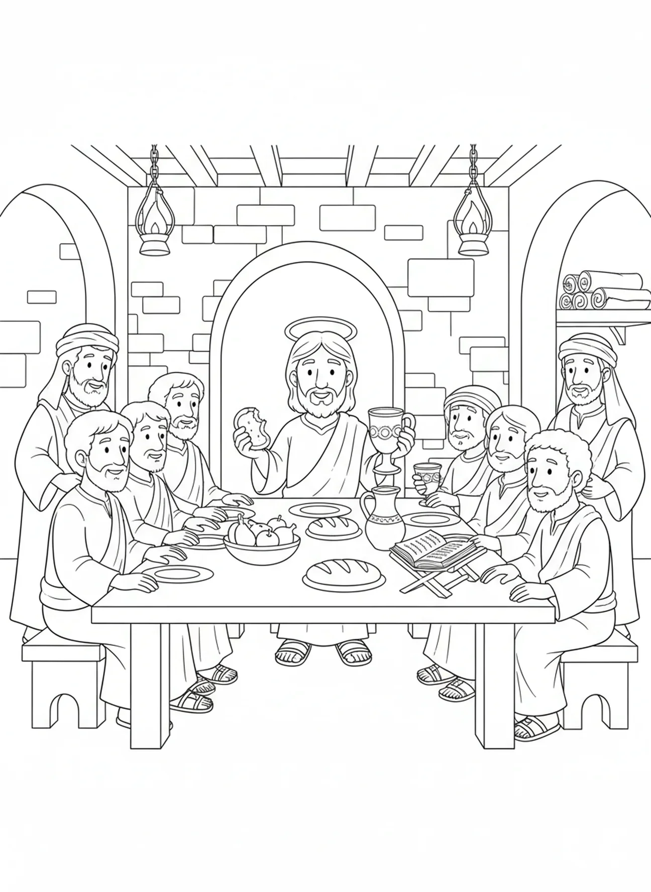 Scène de la Dernière Cène, page à colorier de Jésus et des disciples pour les enfants de l'École du dimanche âgés de 5 à 12 ans.