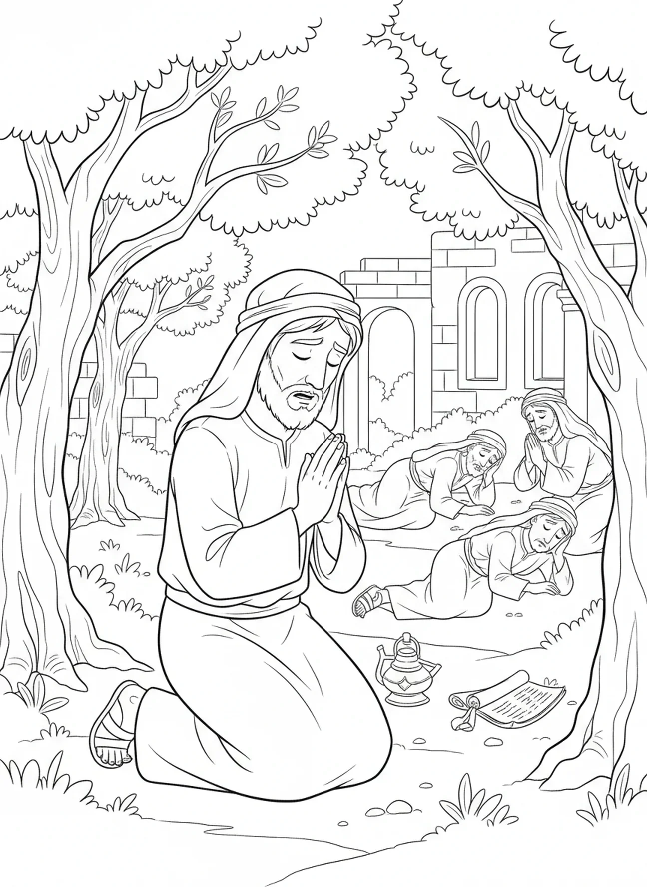 Jésus priant dans le jardin, page à colorier Jésus et ses disciples pour les enfants de l'École du dimanche âgés de 5 à 12 ans.