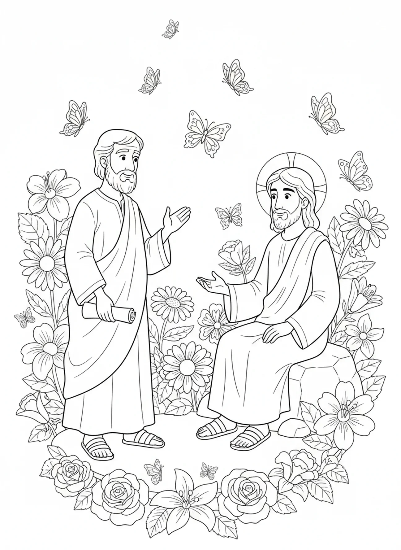 Nicodemos curioso fazendo perguntas, página para colorir Jesus e Nicodemos para crianças de 5 a 10 anos