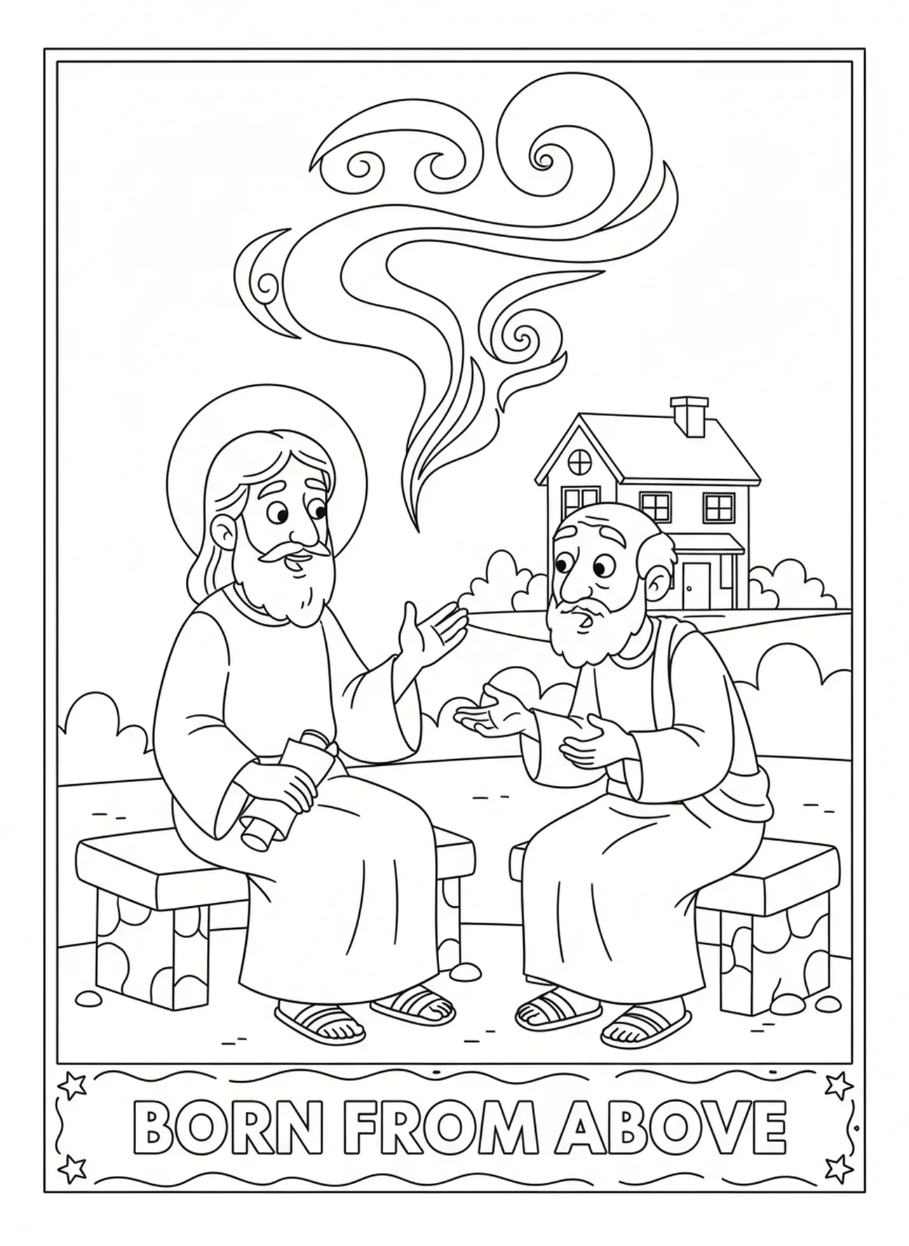 Jesus explicando, página para colorir Jesus e Nicodemos para crianças de 5 a 10 anos