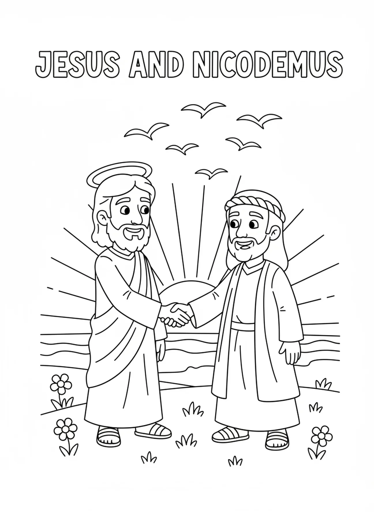 Cena de despedida, página de colorir Jesus e Nicodemos para crianças de 5 a 10 anos