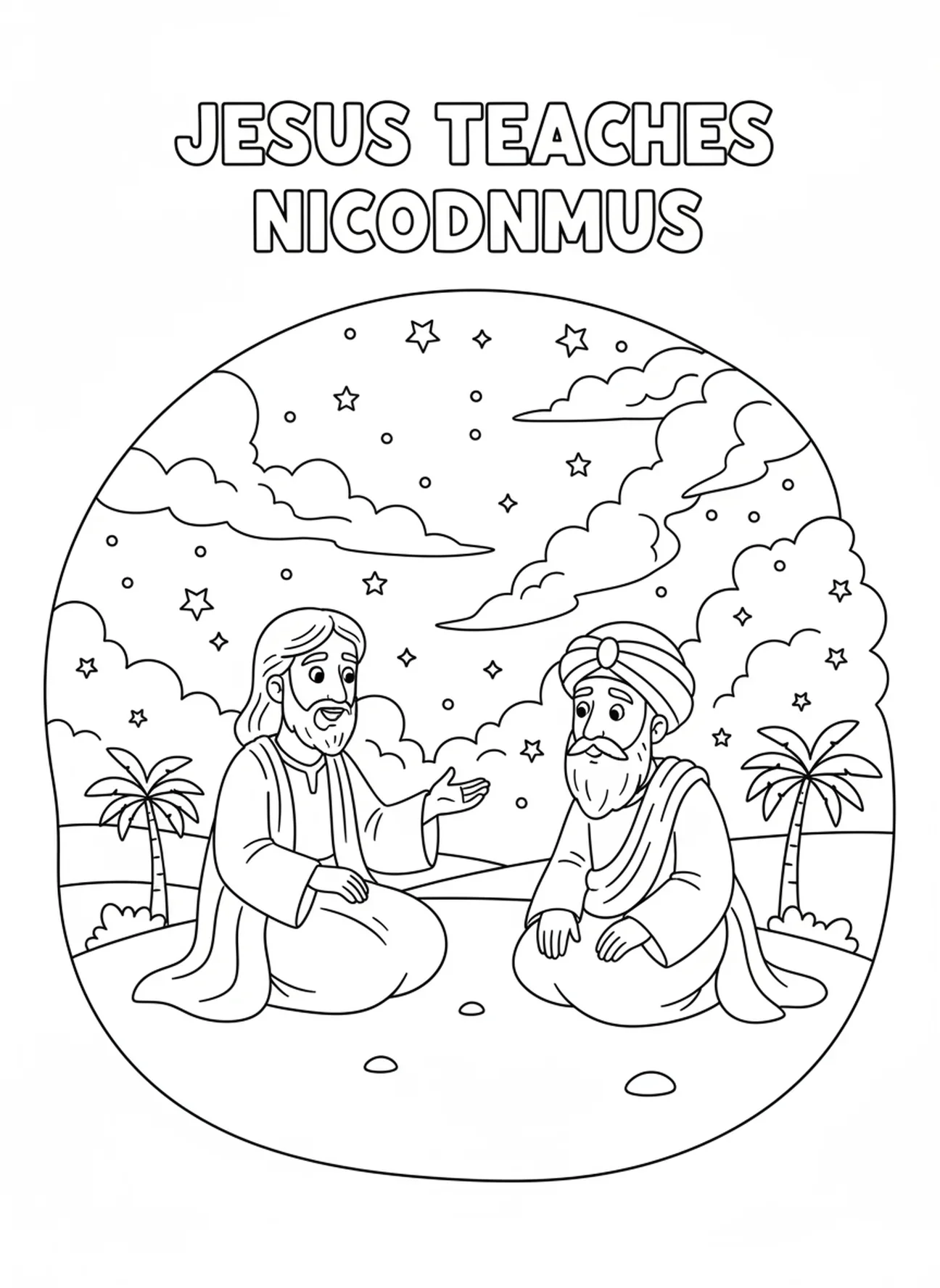 Nicodemos curioso, página para colorir de Jesus e Nicodemos para crianças de 5 a 10 anos