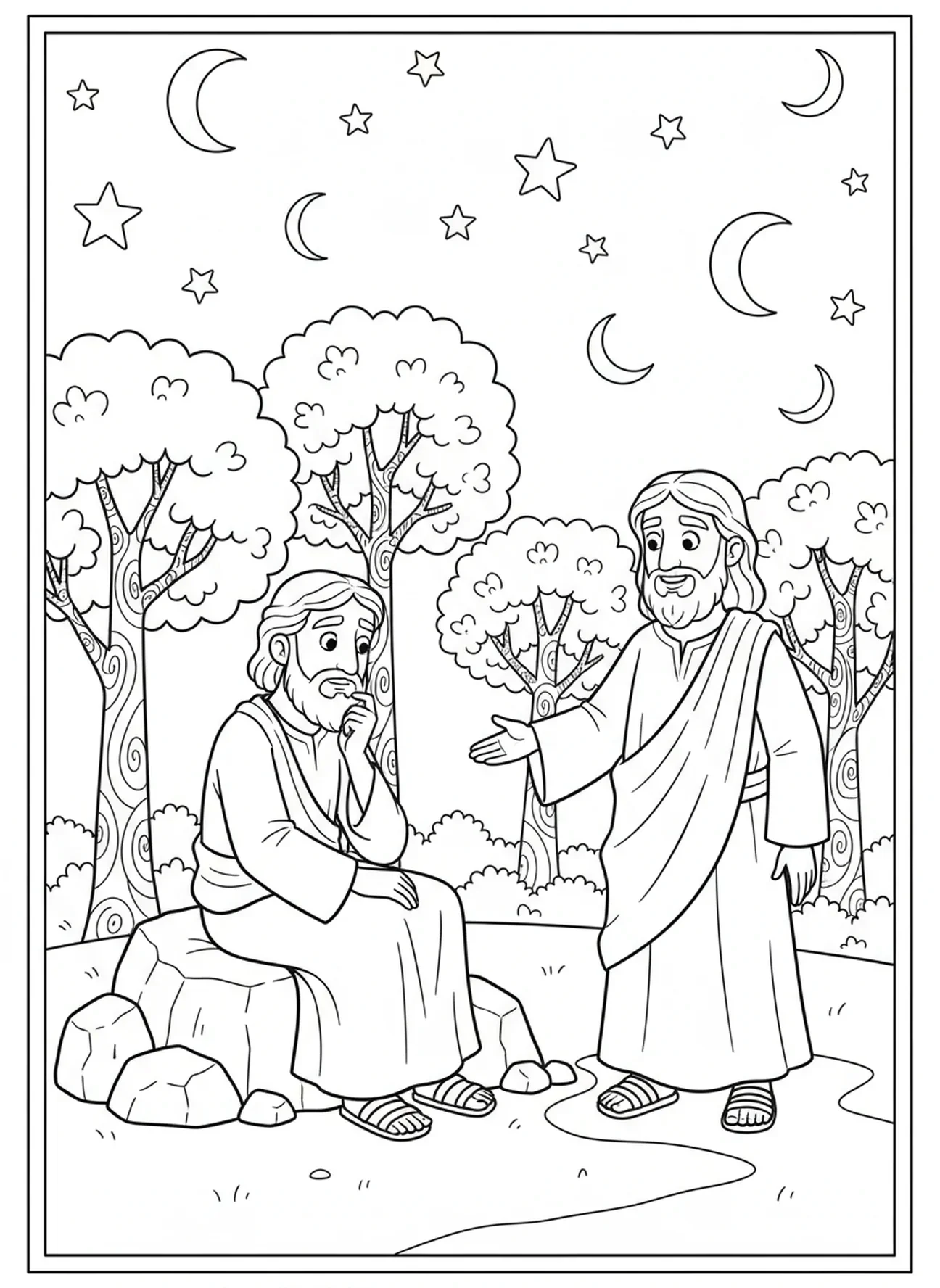 Nicodemos pensativo, página para colorir Jesus e Nicodemos para crianças de 5 a 10 anos