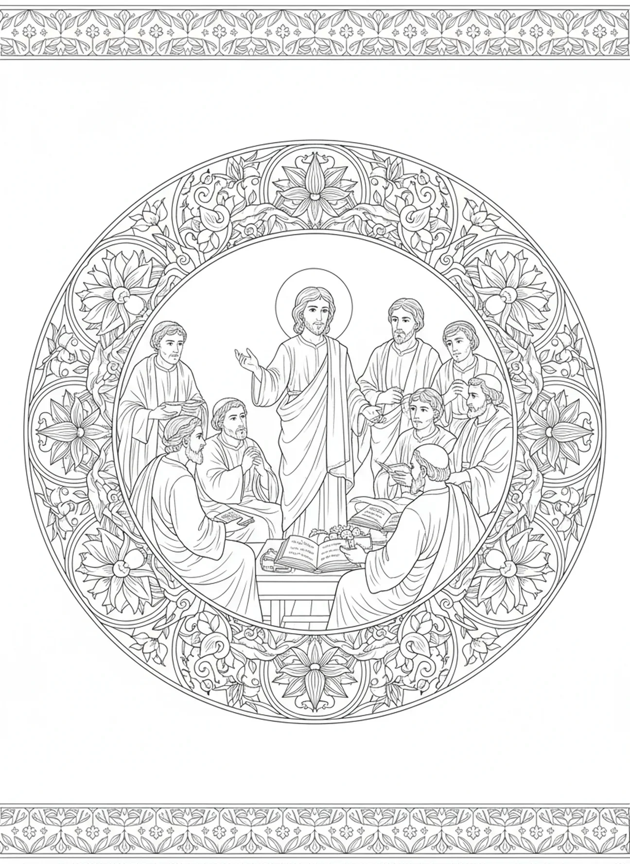 Jezus odpowiadający na pytania uczonych, kolorowanka Jezus w wieku 12 lat w stylu dziennika biblijnego dla dorosłych.
