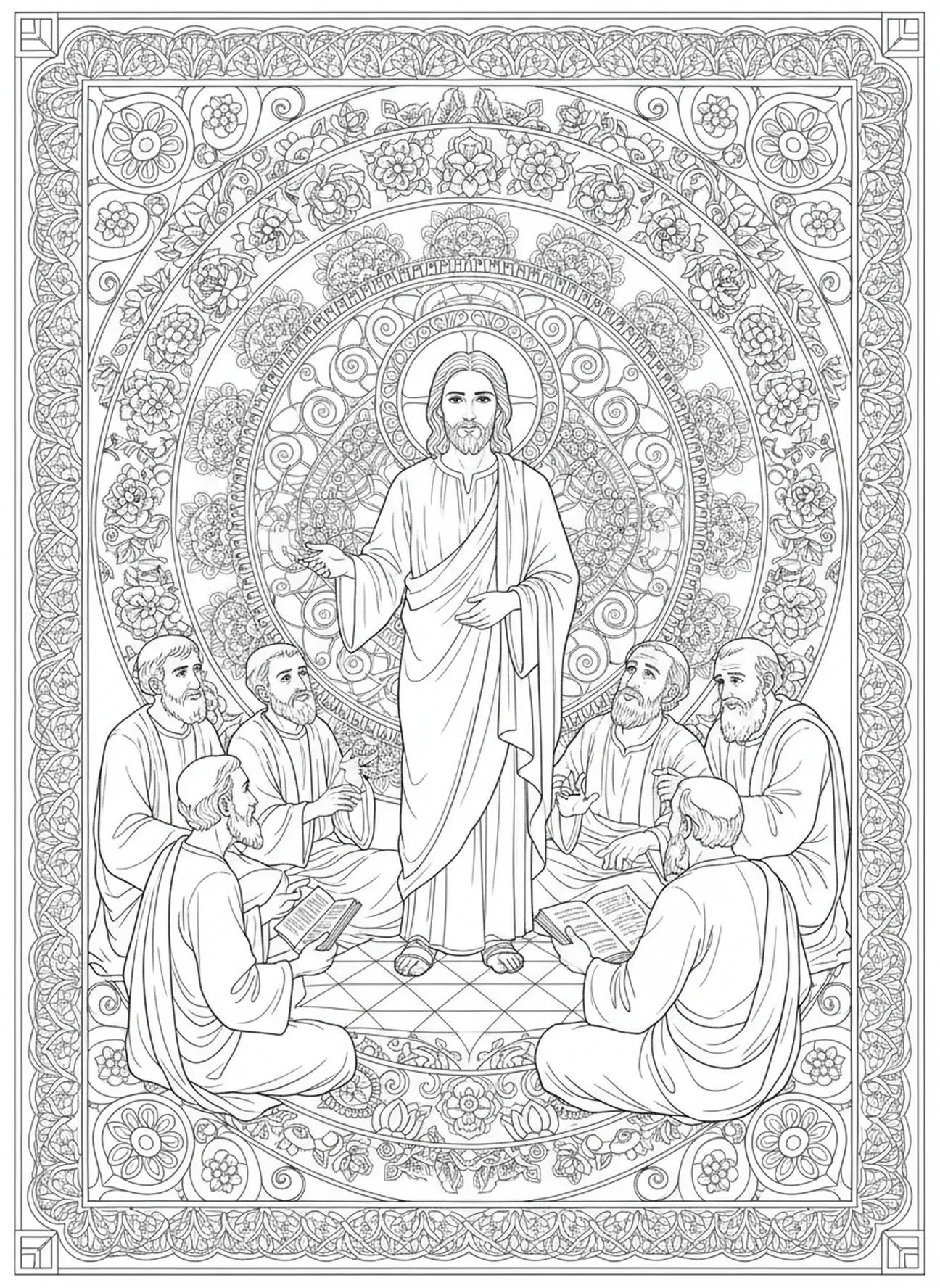 Jezus podziwiany przez uczonych, kolorowanka Jezus w wieku 12 lat w stylu dziennika biblijnego dla dorosłych.