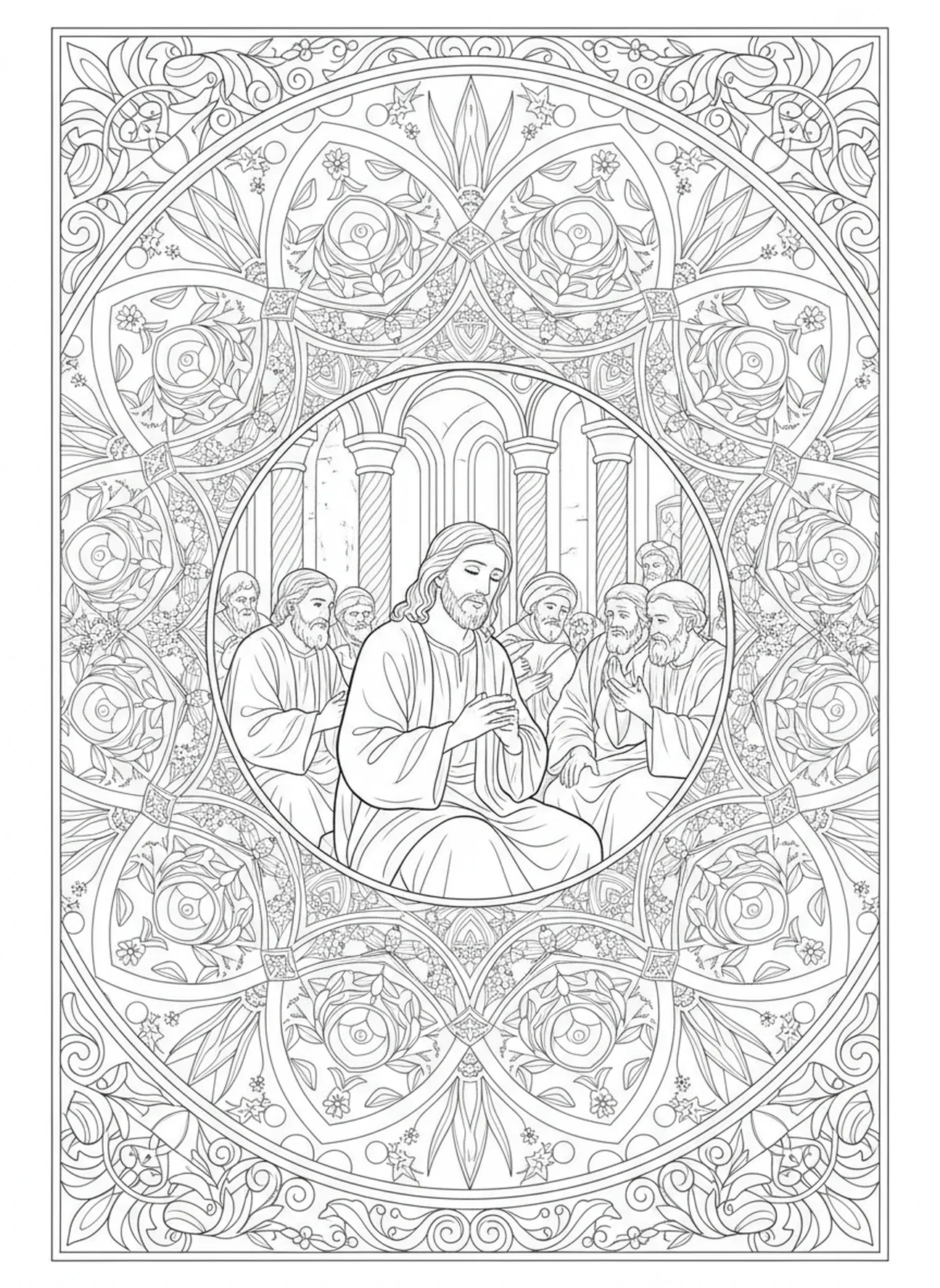 Jezus słuchający nauczycieli, kolorowanka Jezus w wieku 12 lat w stylu dziennika biblijnego dla dorosłych.