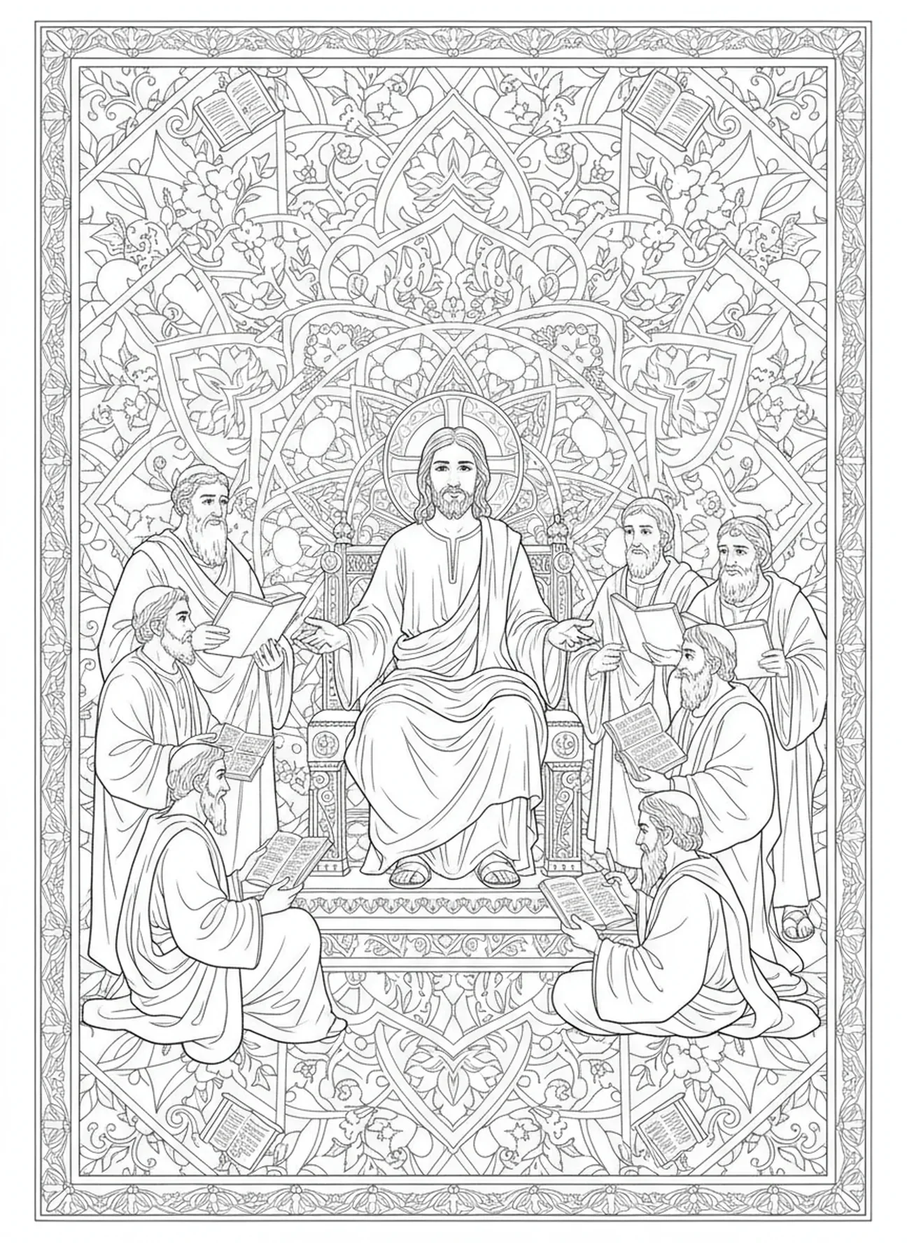 Jezus na podwyższeniu wśród uczonych, kolorowanka Jezus w wieku 12 lat w stylu dziennika biblijnego dla dorosłych.