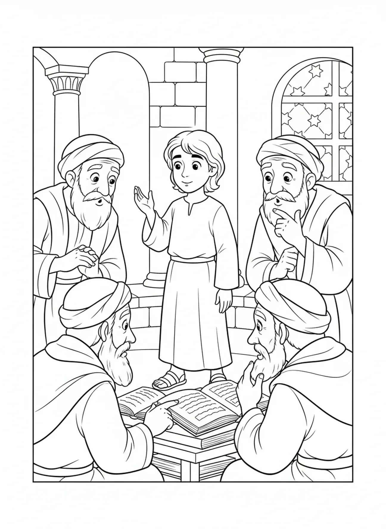 Jesus levantando a mão, página para colorir Jesus aos 12 anos para crianças de 5 a 10 anos