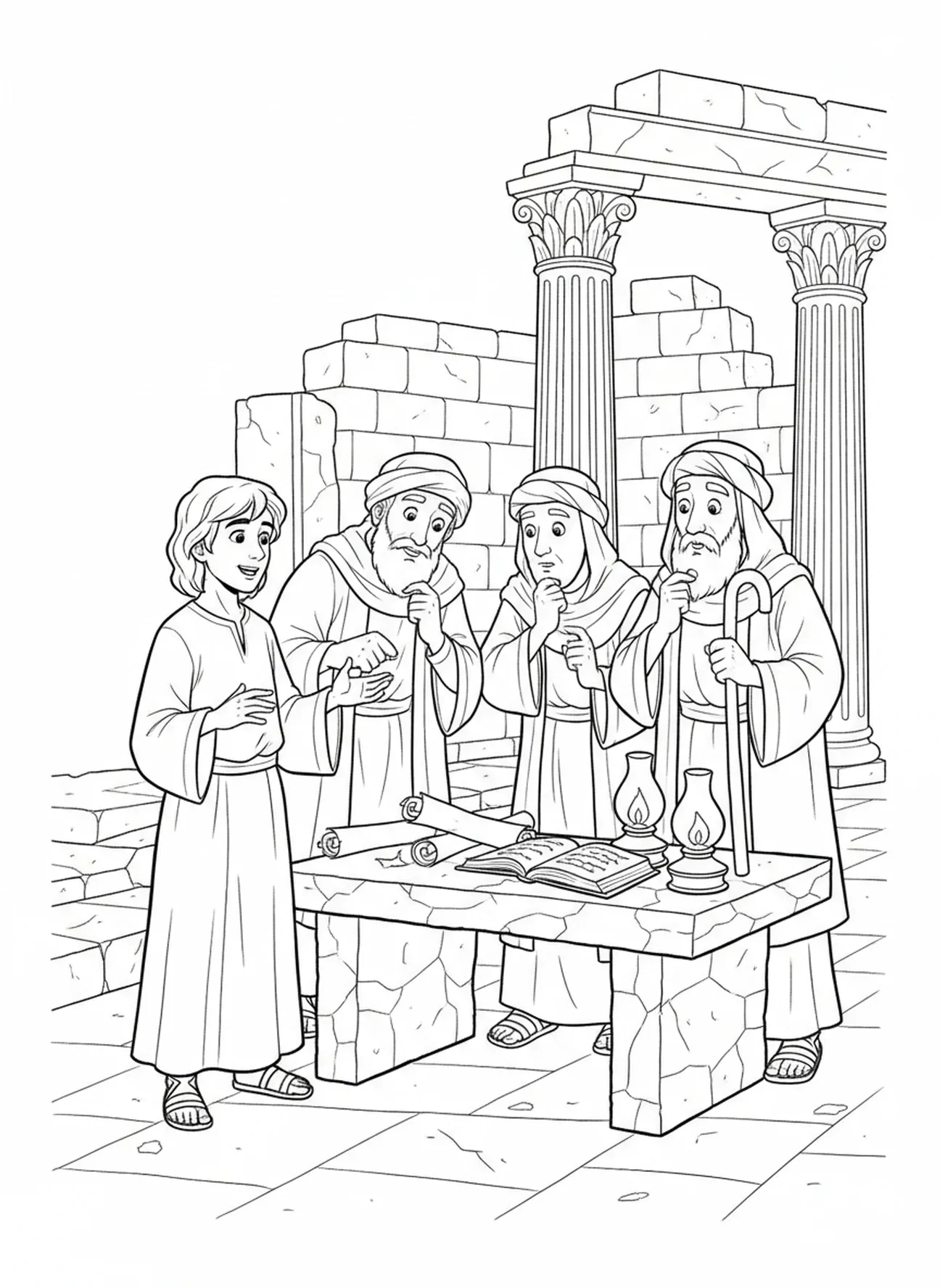 Jesus conversando com os sábios, página para colorir Jesus aos 12 anos para crianças da Escola Dominical de 5 a 12 anos