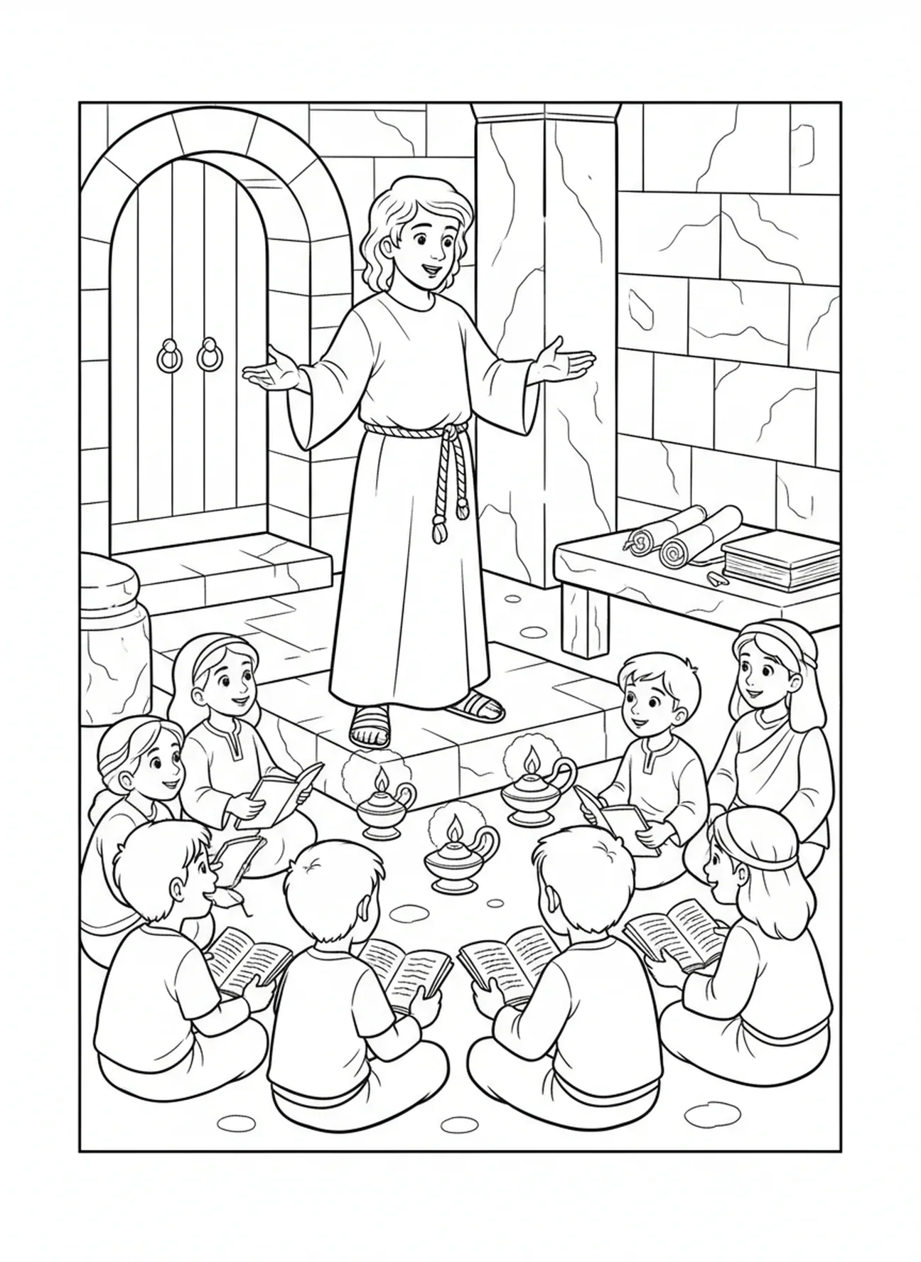 Jesus pregando para as pessoas, página para colorir Jesus aos 12 anos para crianças da Escola Dominical de 5 a 12 anos