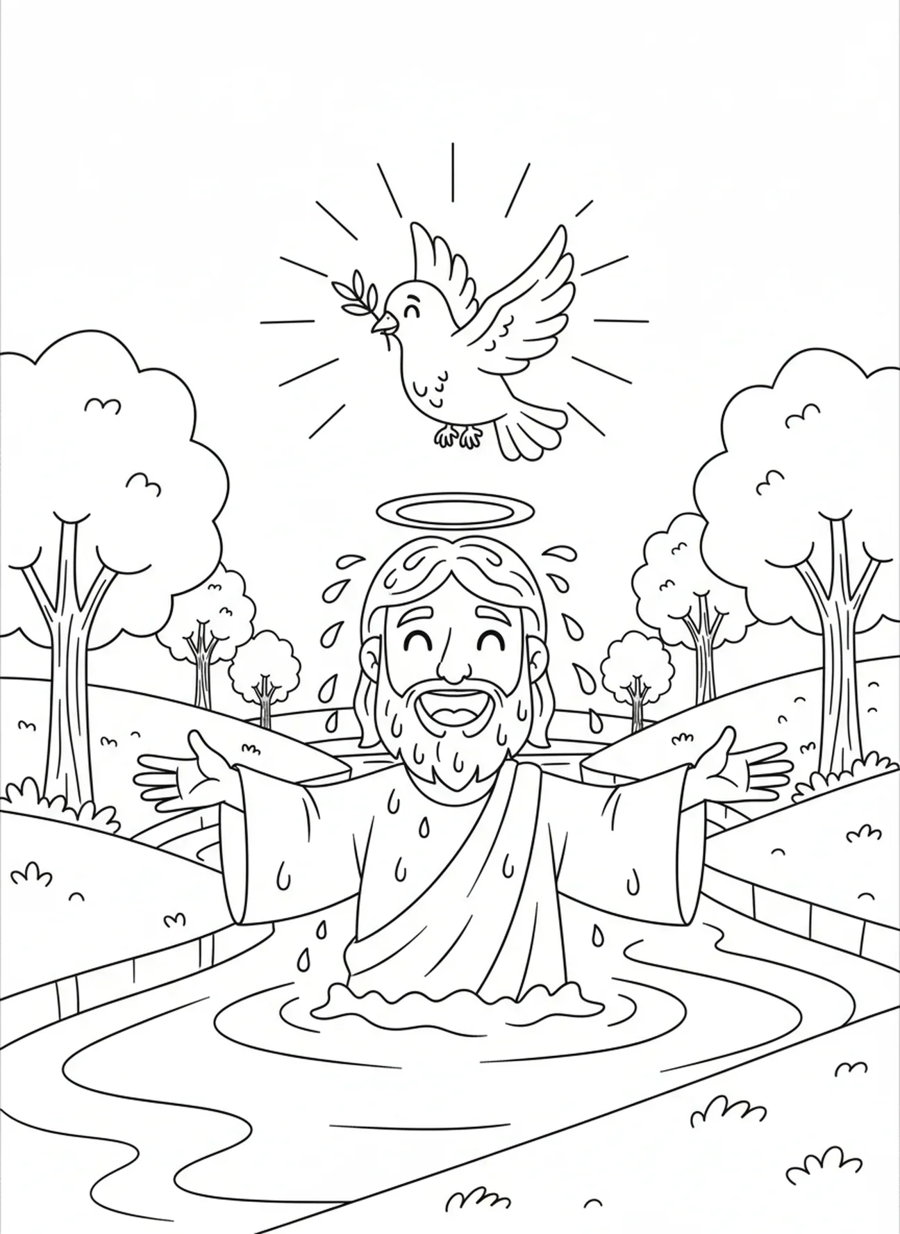 Jésus émergeant de l'eau, page à colorier sur le Baptême de Jésus avec la colombe descendant pour les enfants de 5 à 10 ans.