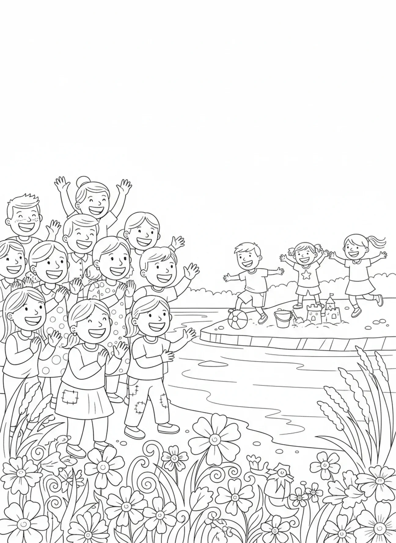 Foule joyeuse regardant, page à colorier de la descente de la colombe lors du baptême de Jésus pour les enfants de 5 à 10 ans.