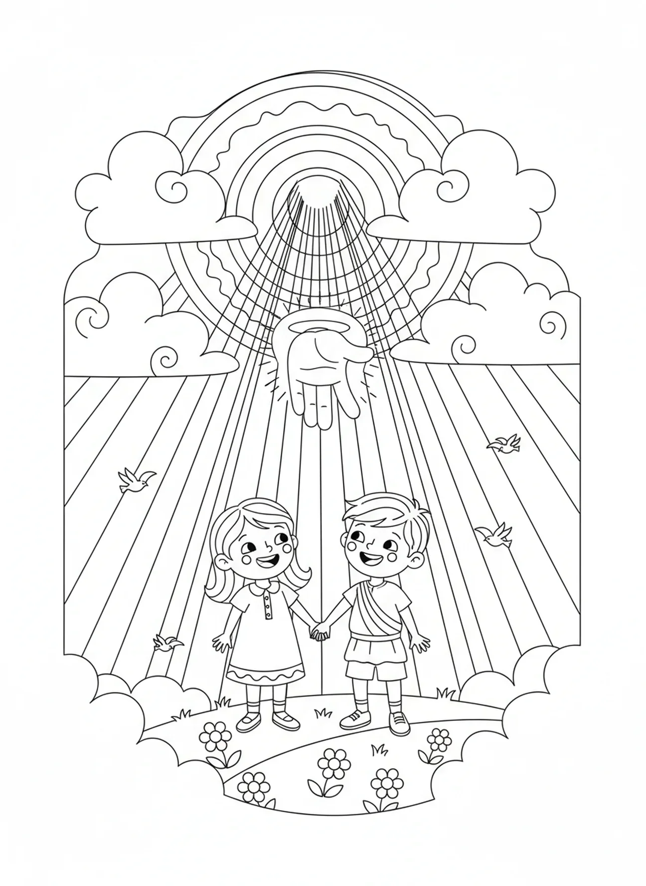 Ciel s'ouvrant avec de la lumière, page à colorier du Baptême de Jésus avec la Colombe descendant pour les enfants de 5 à 10 ans.