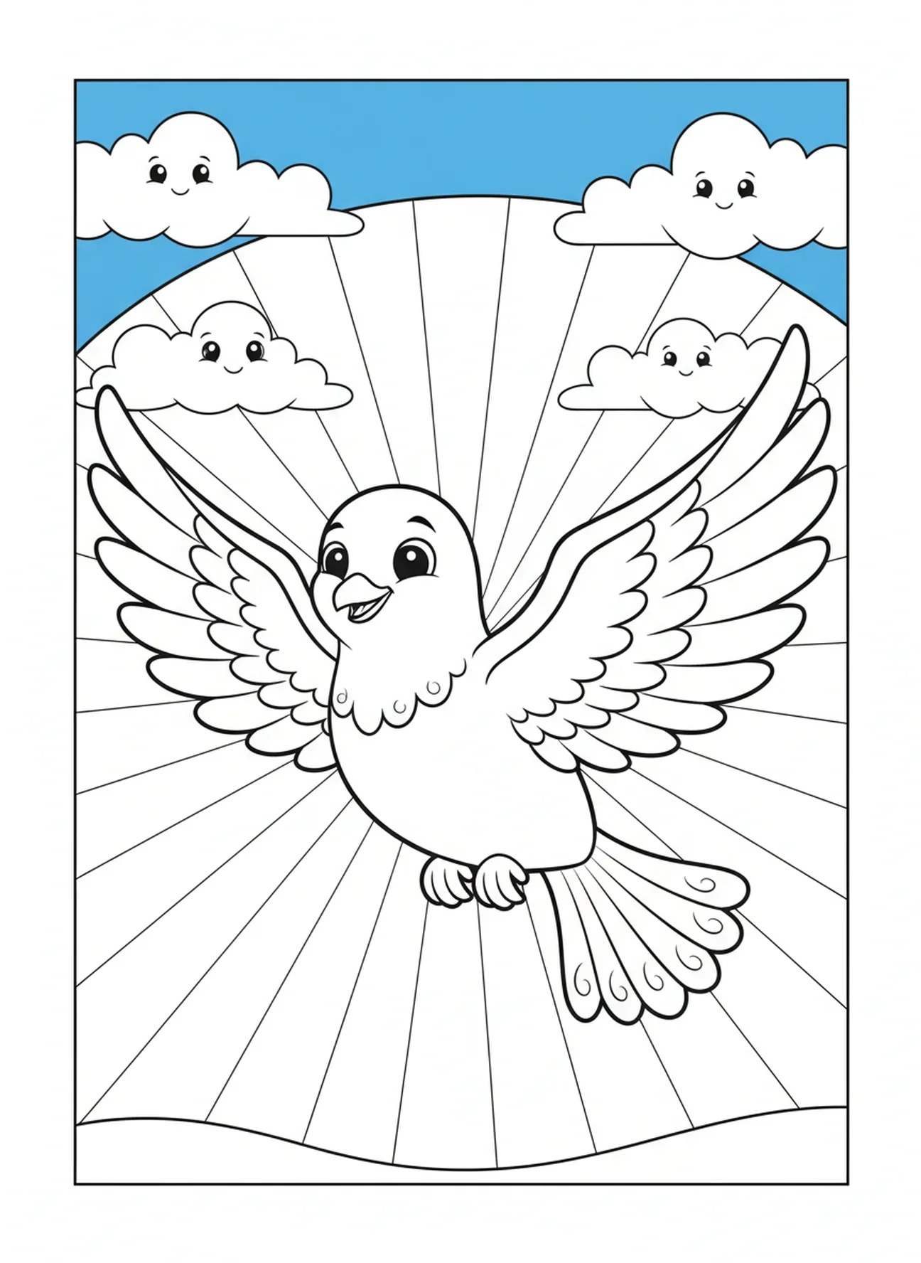Grande colombe descendant, page à colorier sur le baptême de Jésus avec la colombe pour les enfants de 5 à 10 ans.