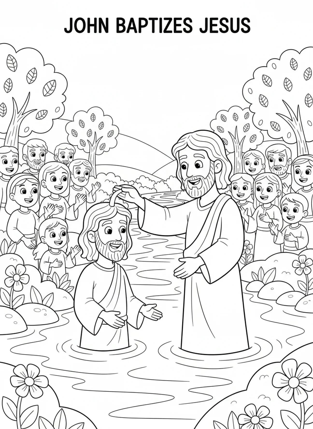 Saint Jean baptisant Jésus, page à colorier sur le baptême de Jésus avec la colombe descendant pour les enfants de 5 à 10 ans.