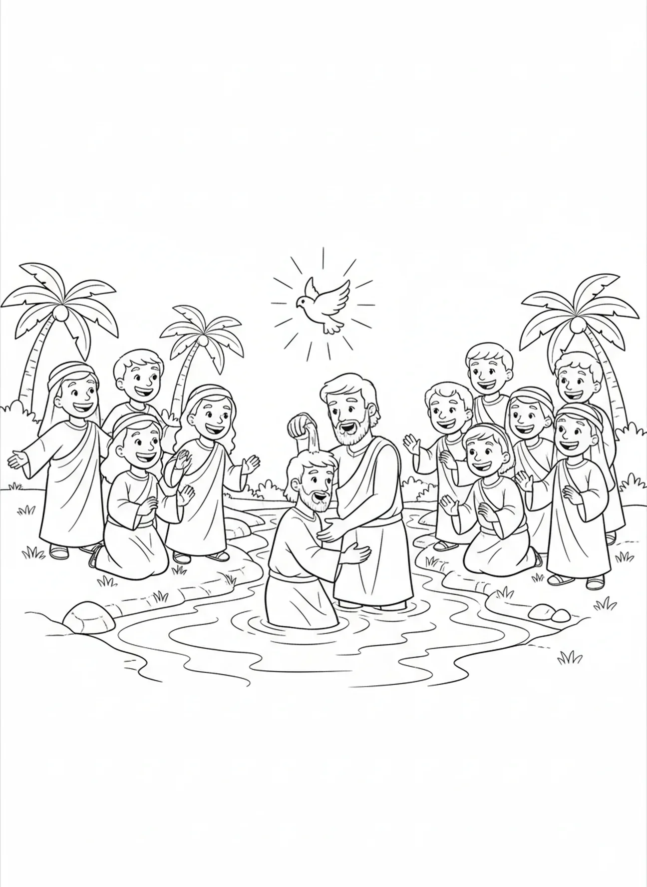 Menschenmenge jubelt, Jesu Taufe Johannes tauft Jesus im Fluss Ausmalbild für Kinder im Alter von 5-10 Jahren