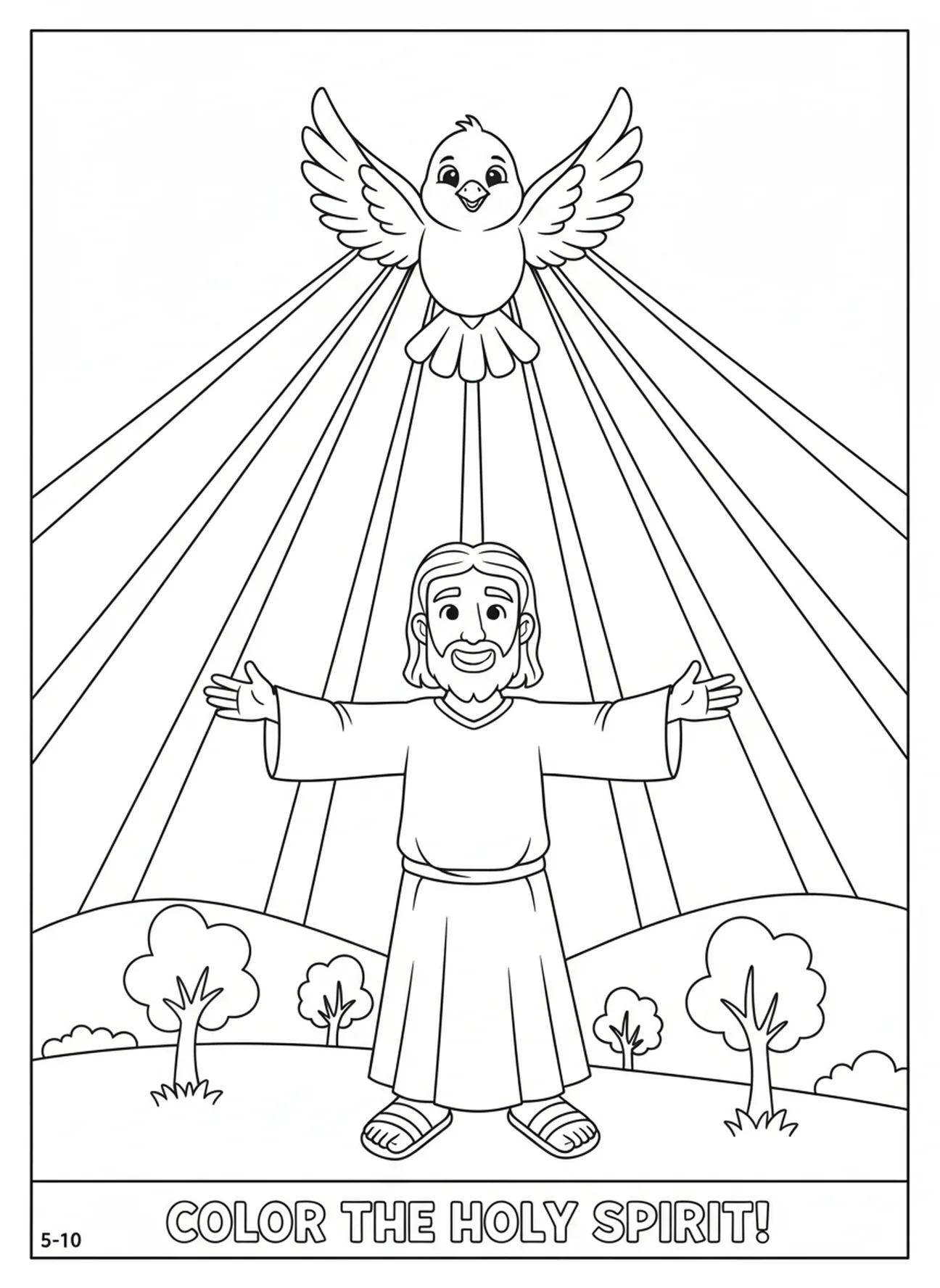 Taube, die vom Himmel herabkommt, Jesu Taufe, Johannes tauft Jesus im Fluss, Ausmalbild für Kinder im Alter von 5-10 Jahren