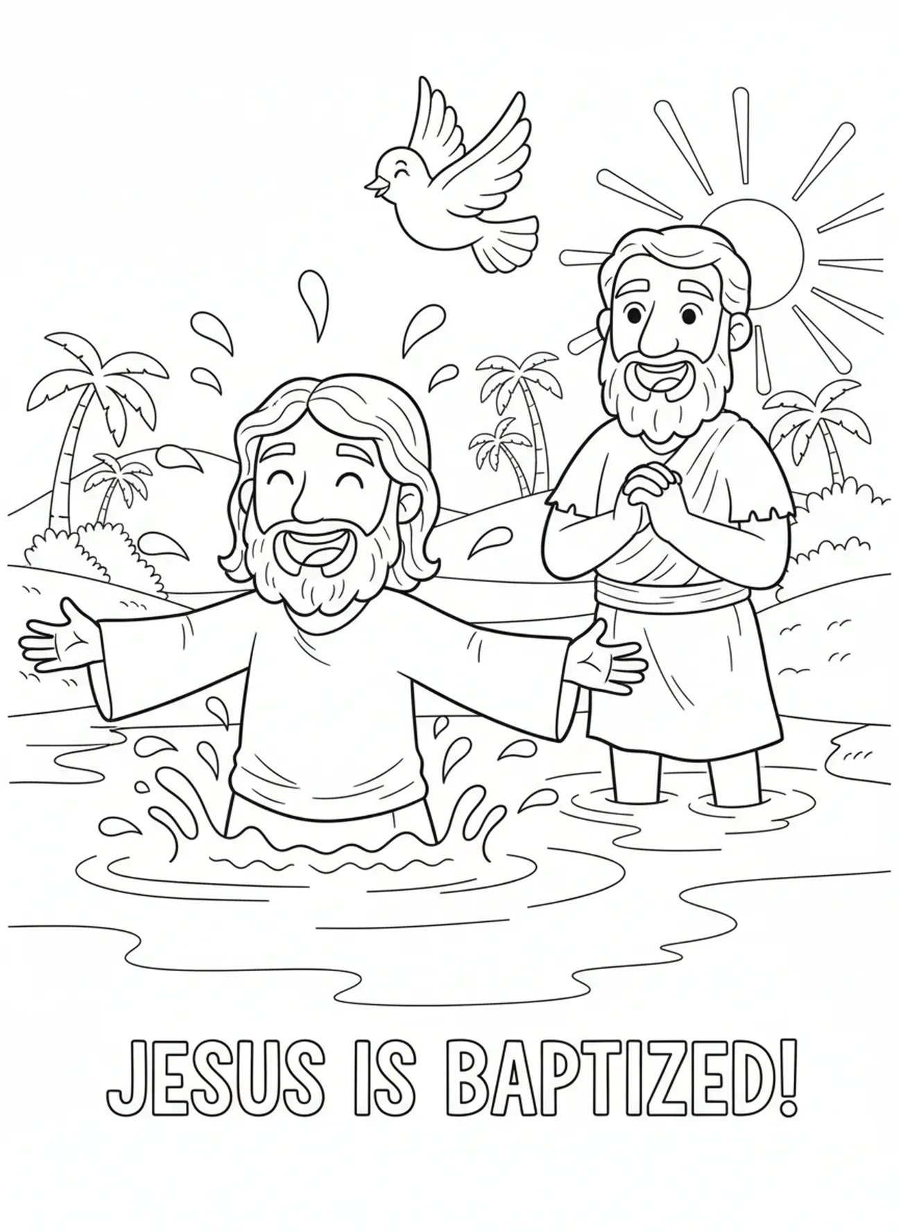Jesus, der aus dem Wasser auftaucht, Jesu Taufe, Johannes tauft Jesus im Fluss, Ausmalbild für Kinder im Alter von 5-10 Jahren