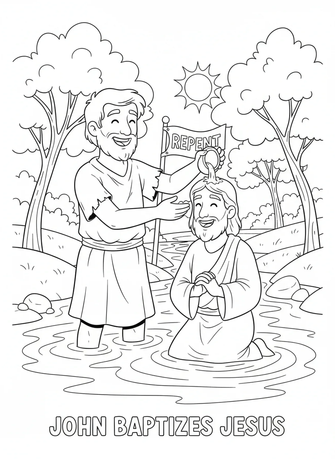 Johannes der Täufer gießt Wasser, Jesu Taufe Johannes tauft Jesus im Fluss Ausmalbild für Kinder im Alter von 5-10 Jahren