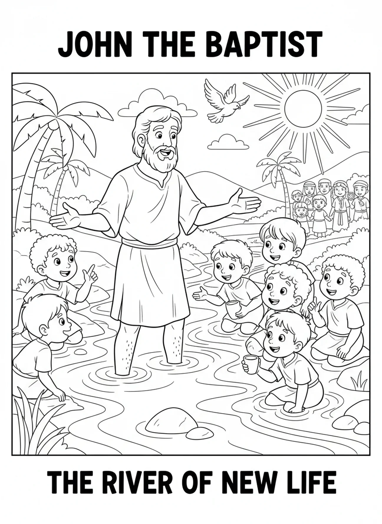 Johannes erklärt Kindern die Taufe, Taufe Jesu, Johannes tauft Jesus, Malvorlage für Kinder im Alter von 5-10 Jahren