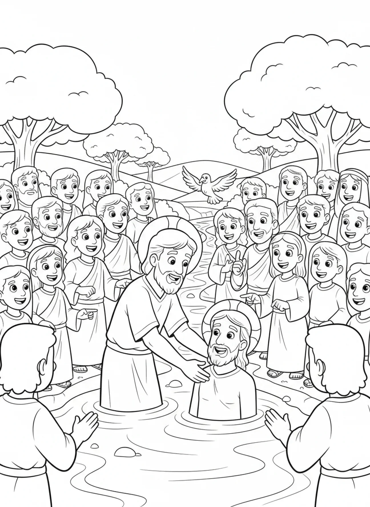 Menschenmenge, die Johannes bei der Taufe Jesu zusieht, Ausmalbild zur Taufe Jesu mit Stimme aus dem Himmel für Kinder im Alter von 5-10 Jahren.