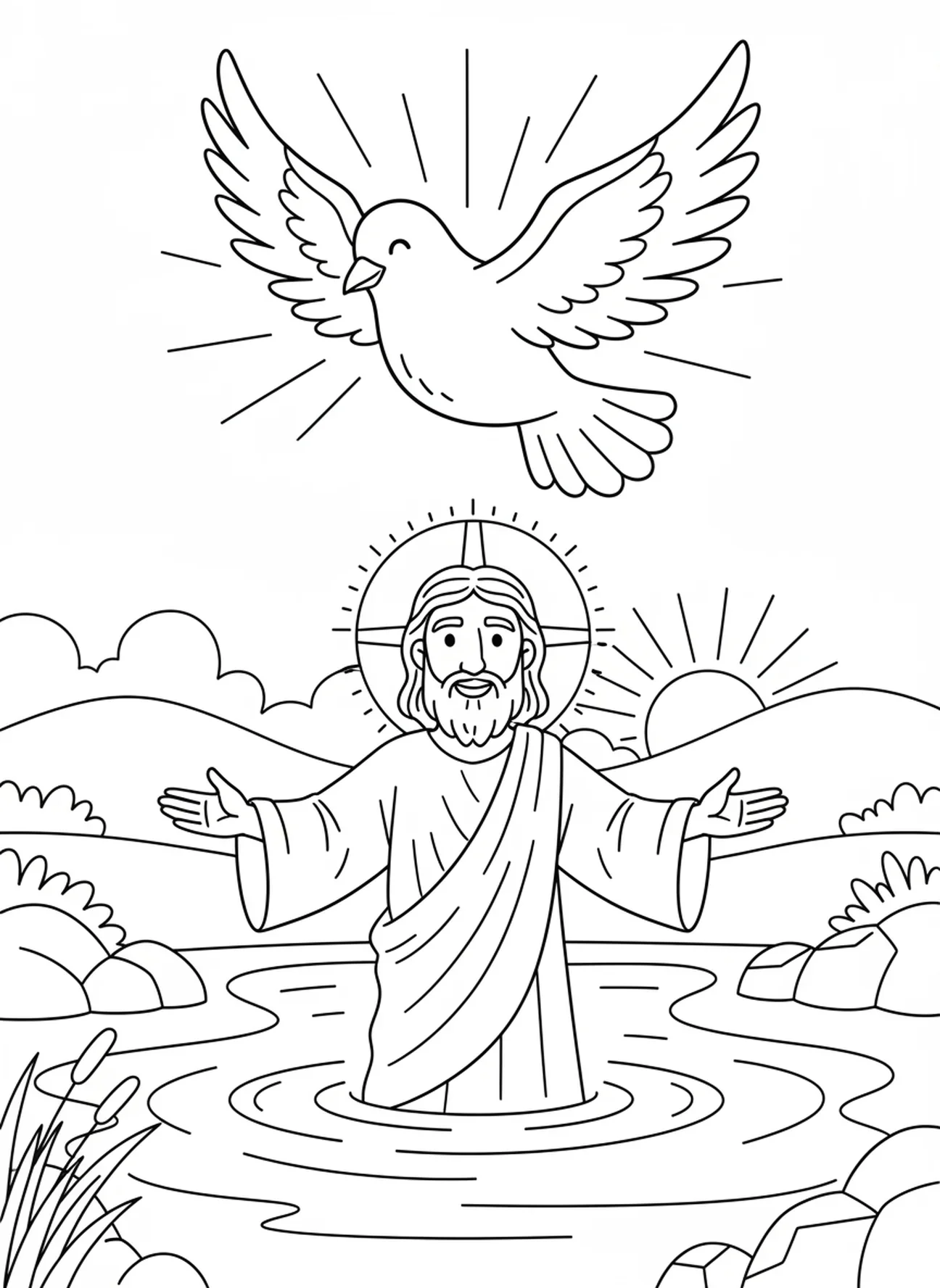 Taube, die auf Jesus im Fluss herabsteigt, Taufseite mit Stimme aus dem Himmel für Kinder im Alter von 5-10 Jahren.