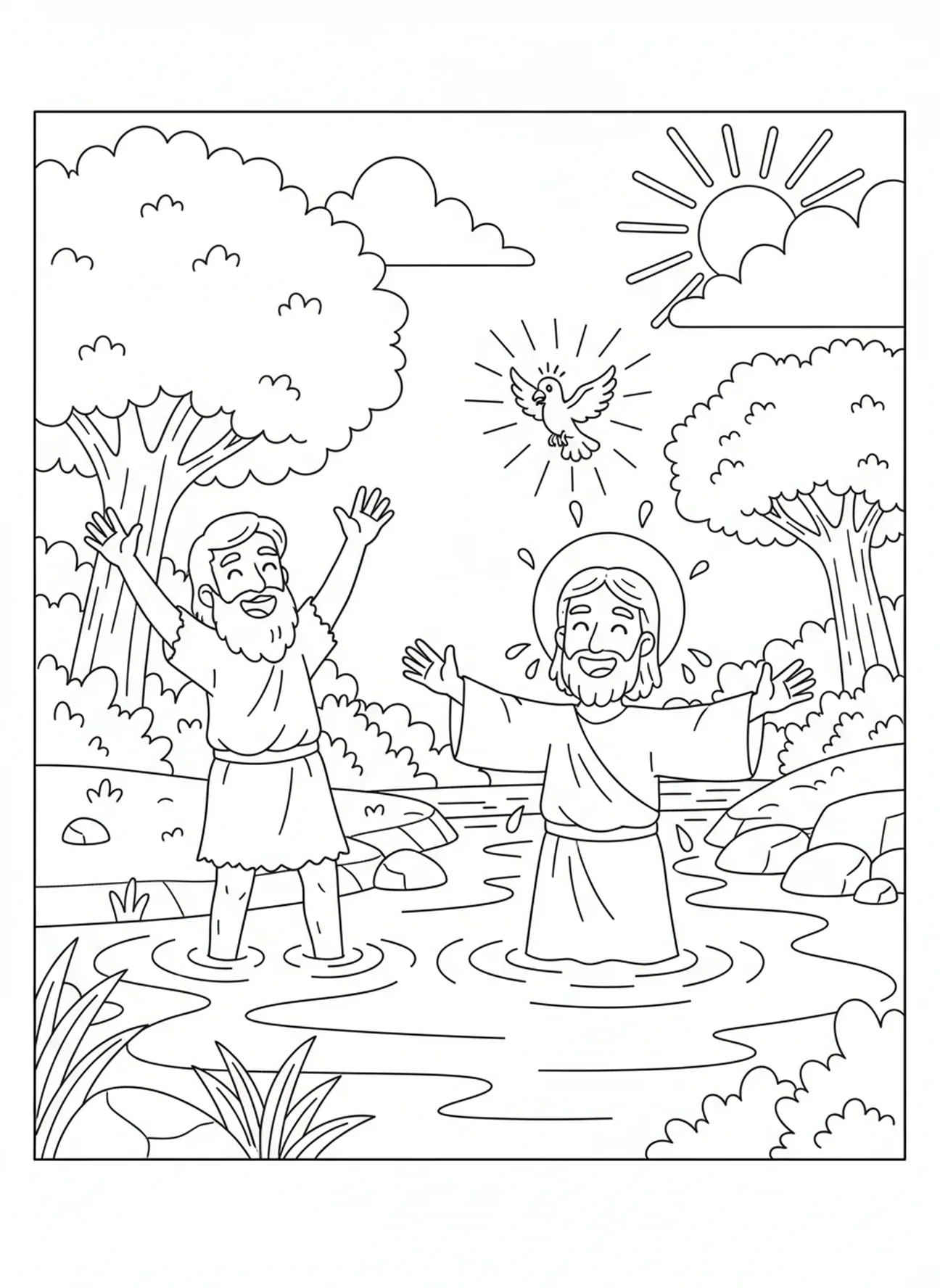 Jesus lächelt vor Freude nach der Taufe, Ausmalbild zur Taufe Jesu mit der Stimme aus dem Himmel für Kinder im Alter von 5-10 Jahren.