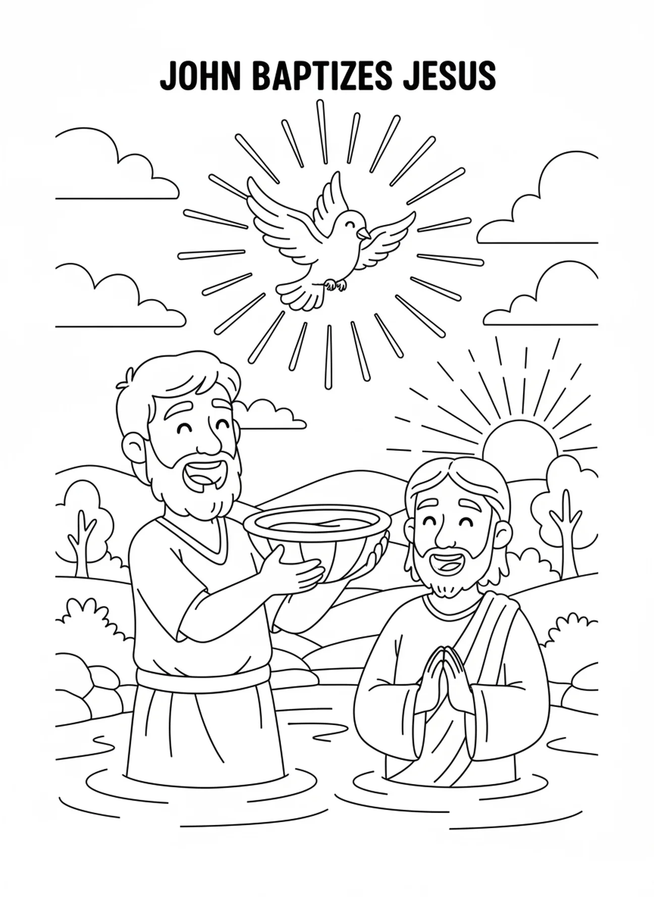 Johannes der Täufer tauft Jesus, Ausmalbild zur Taufe Jesu mit Stimme aus dem Himmel für Kinder im Alter von 5-10 Jahren.
