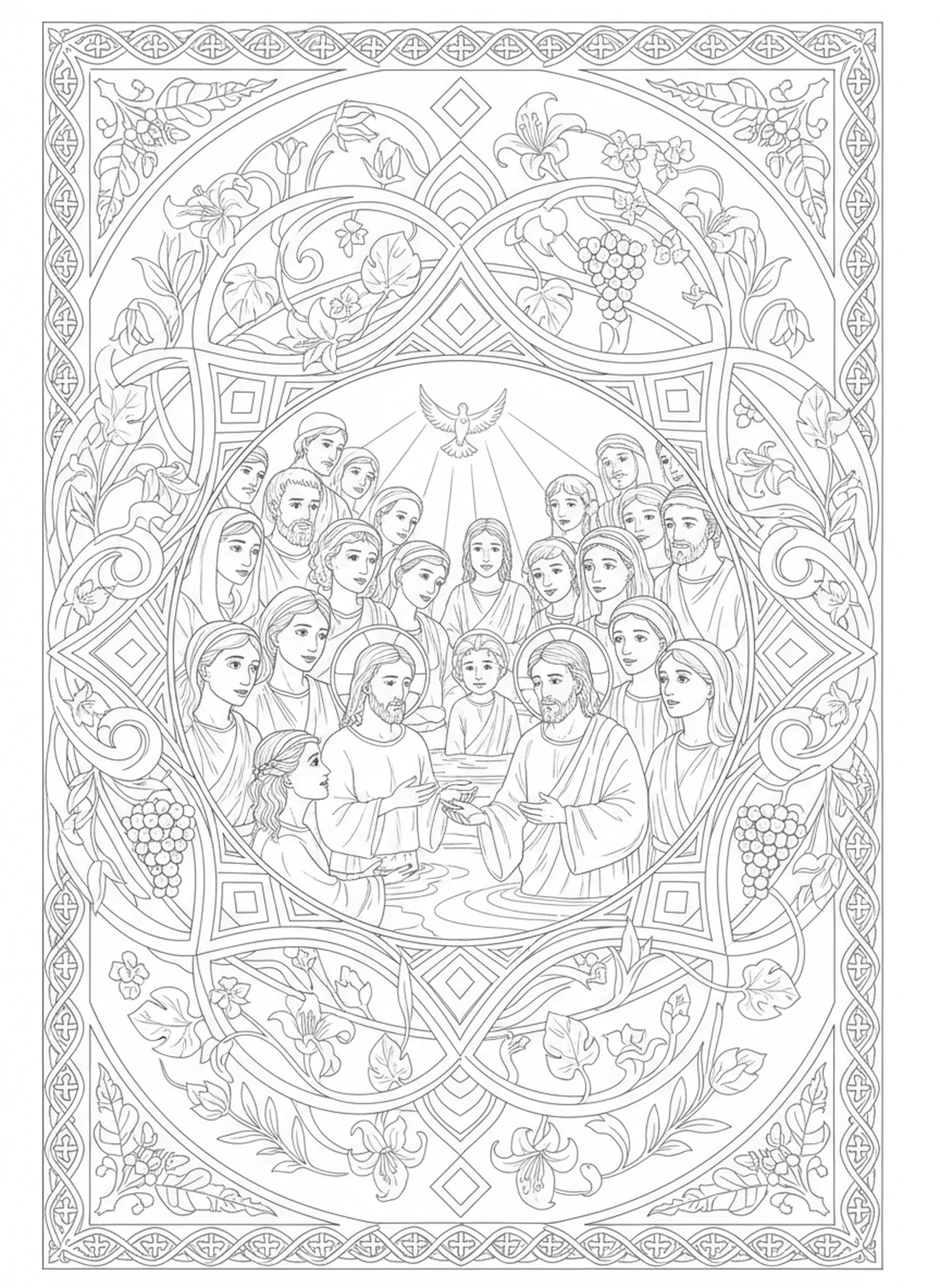 Multidão testemunhando o batismo, página de colorir sobre o Batismo de Jesus no estilo de journaling bíblico para adultos