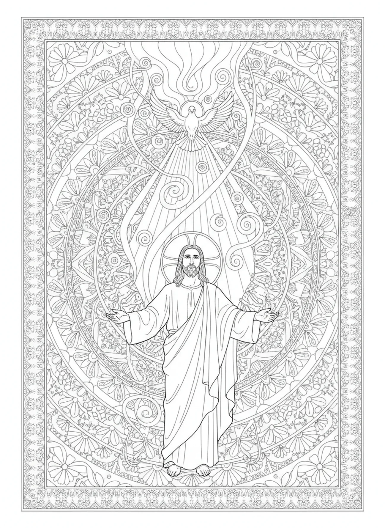 Céus se abrindo com pomba, página de colorir sobre o Batismo de Jesus no estilo de journaling bíblico para adultos