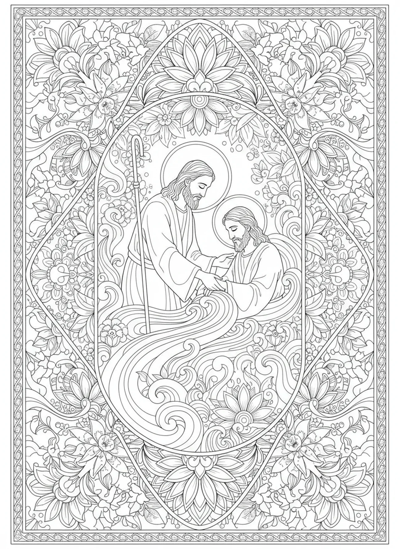 João batizando Jesus, página de colorir sobre o batismo de Jesus no estilo de journaling bíblico para adultos