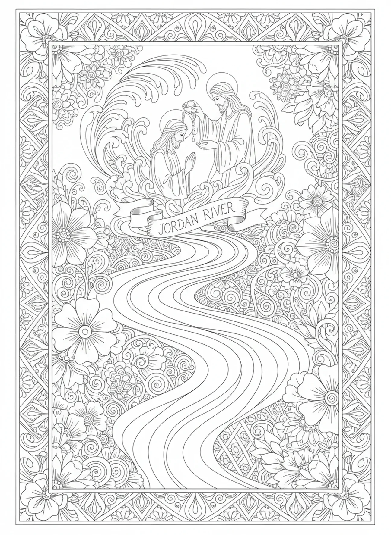 Rio Jordão com flores, página para colorir do Batismo de Jesus no estilo de journaling bíblico para adultos