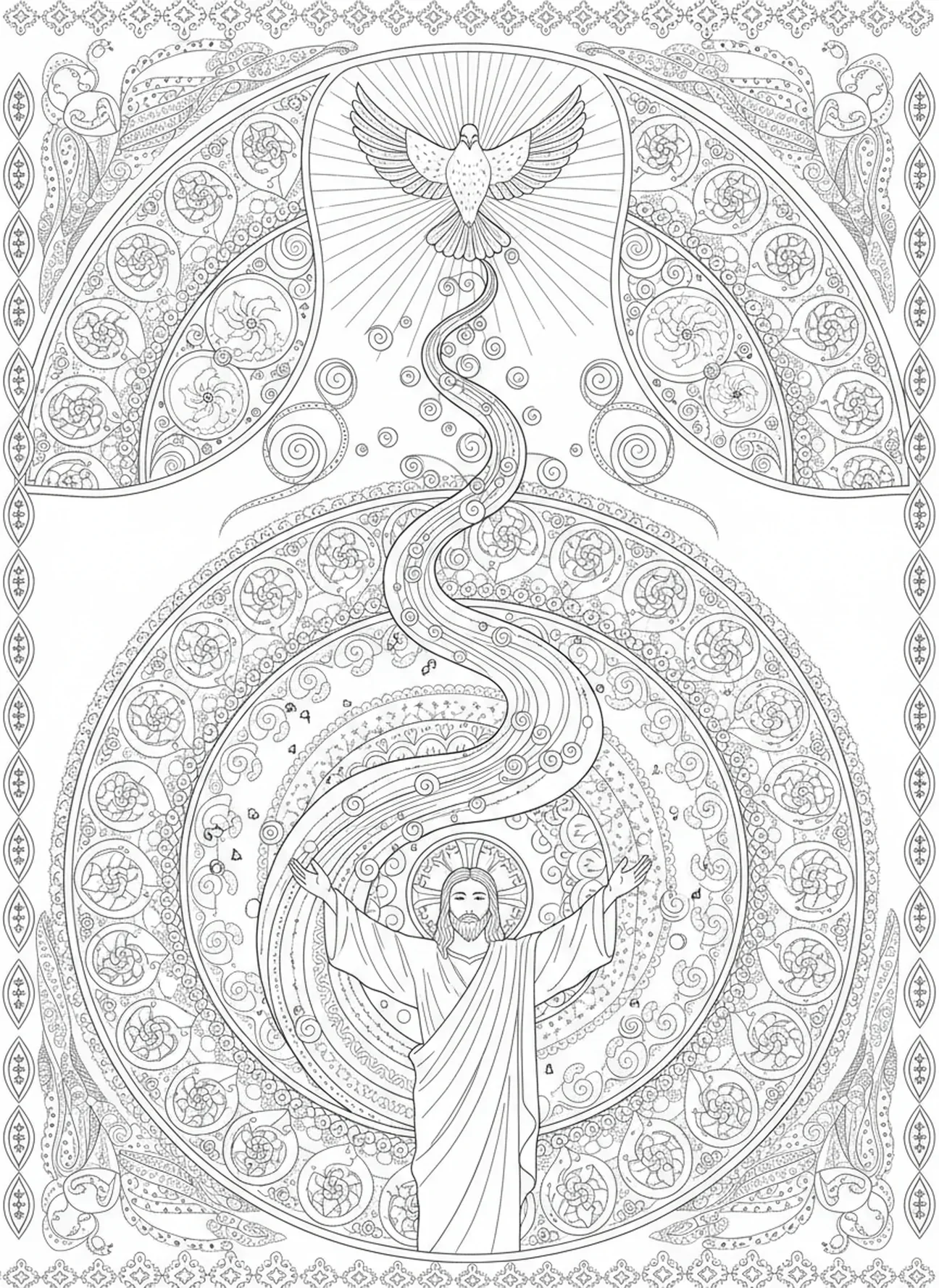 Conexão espiritual no batismo, página para colorir sobre o batismo de Jesus no estilo de journaling bíblico para adultos