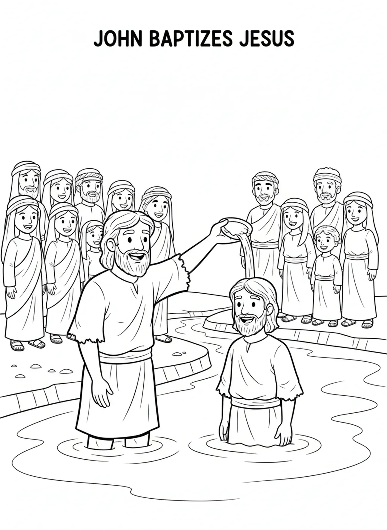 Jean versant de l'eau sur Jésus, page à colorier sur le baptême de Jésus pour les enfants de 5 à 10 ans