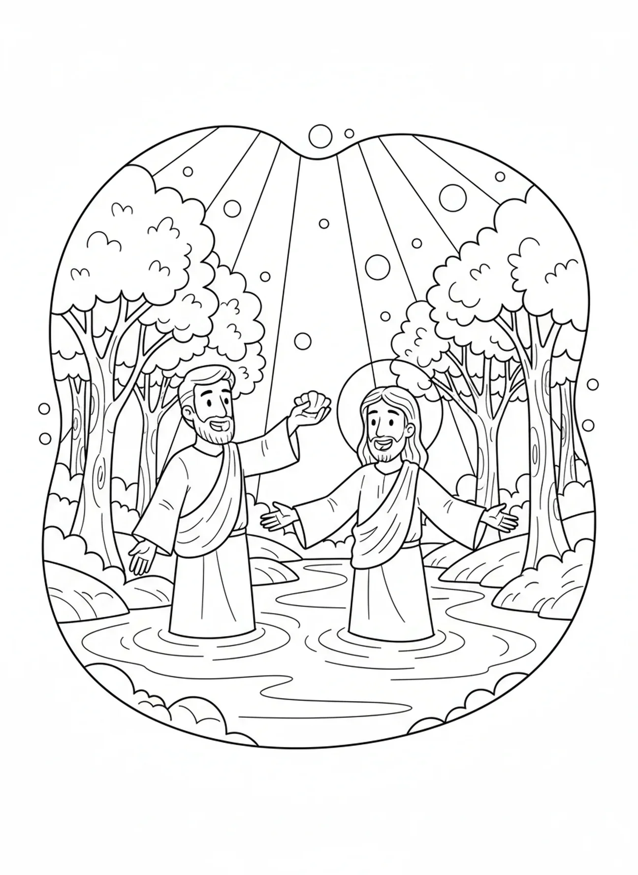 Moment de bénédiction joyeux, page à colorier du Baptême de Jésus pour les enfants de 5 à 10 ans