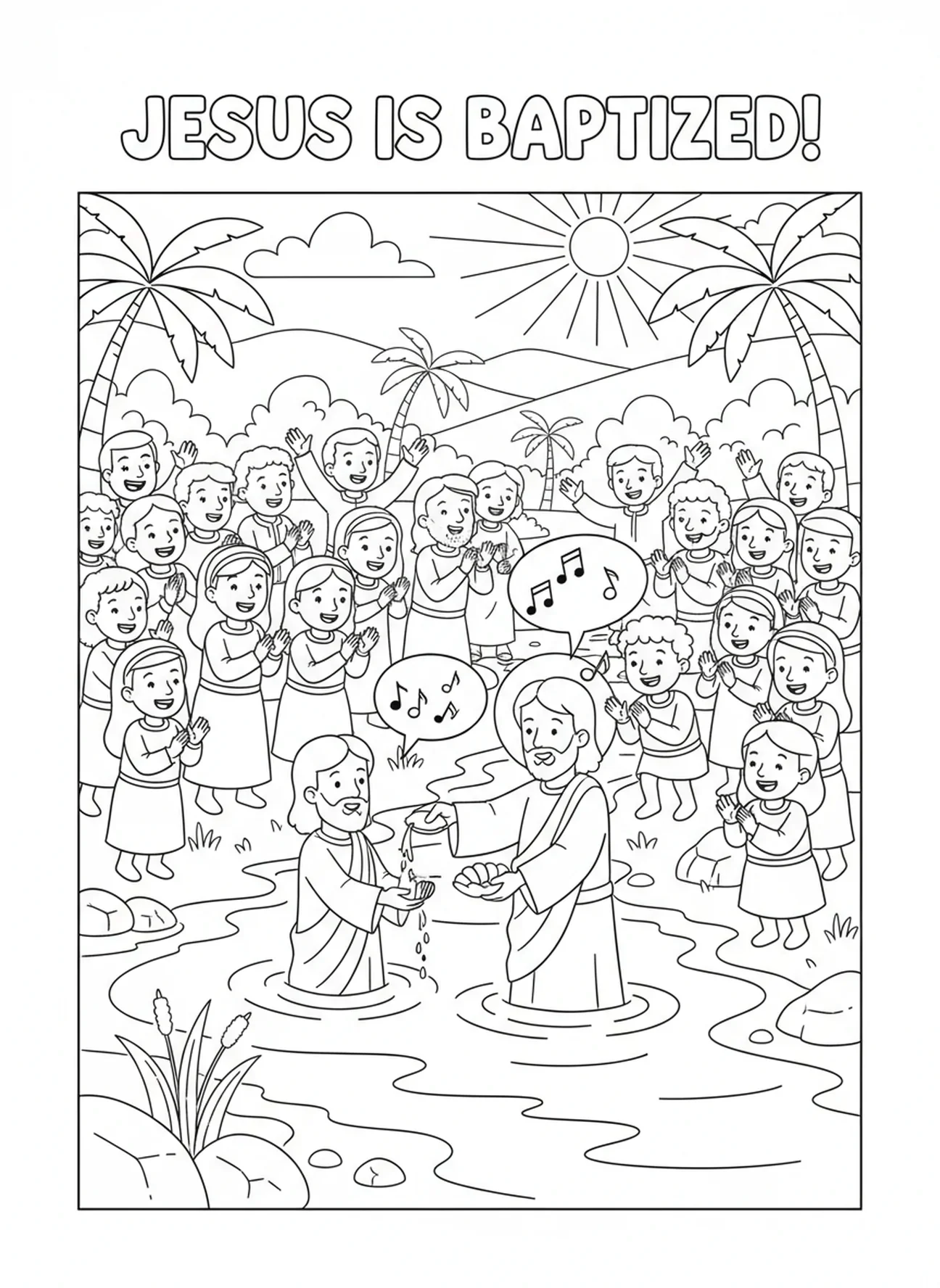Foule diverse acclamant, page à colorier du baptême de Jésus pour les enfants de 5 à 10 ans