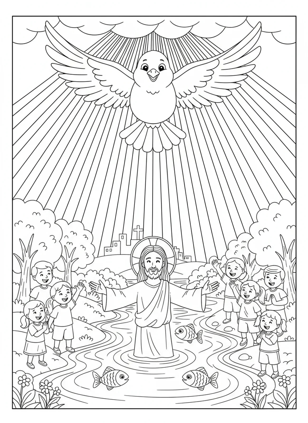 Colombe descendant des cieux, page à colorier sur le baptême de Jésus pour les enfants de 5 à 10 ans