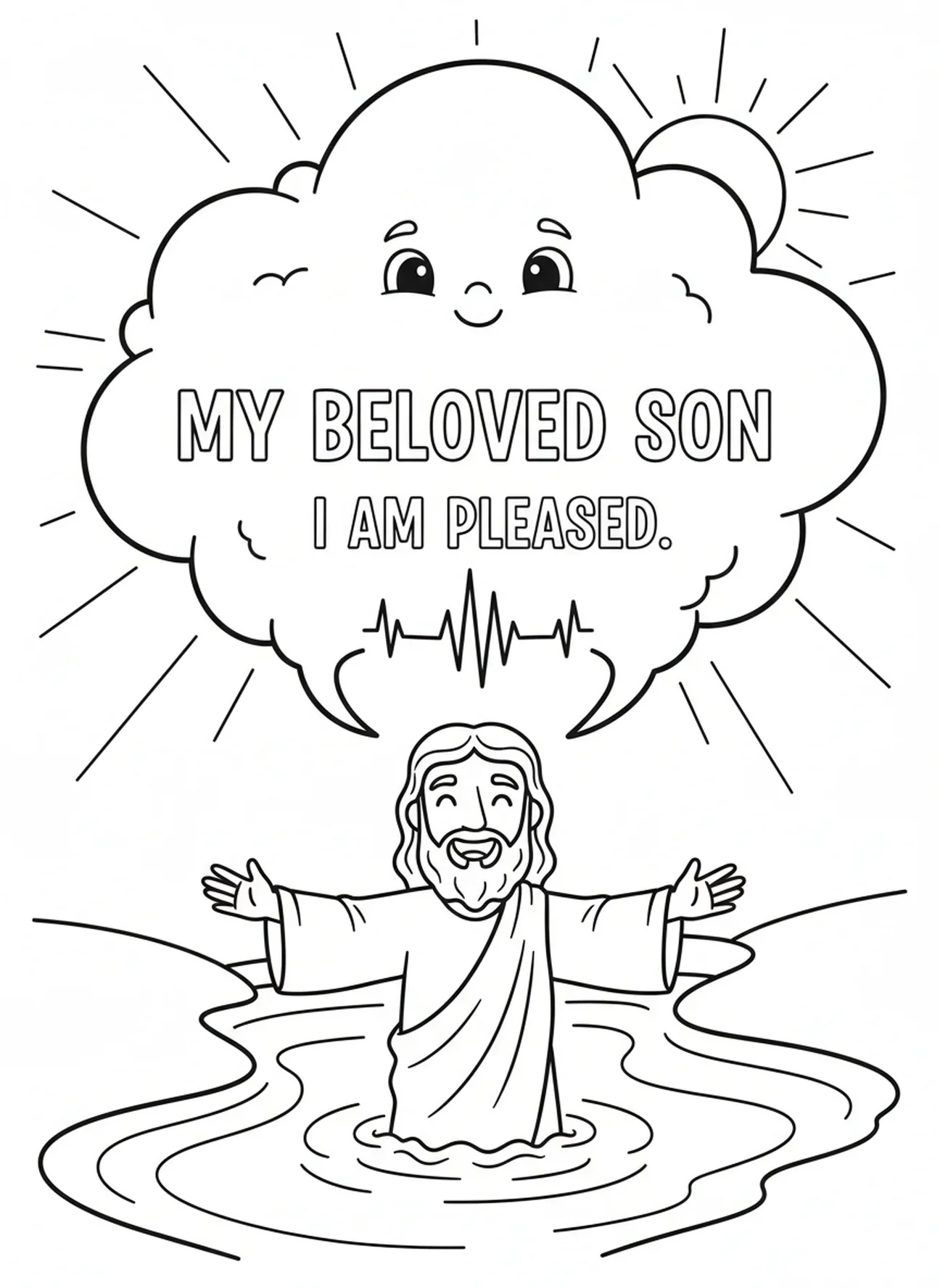 Voix venant des cieux, page à colorier du Baptême de Jésus pour les enfants de 5 à 10 ans