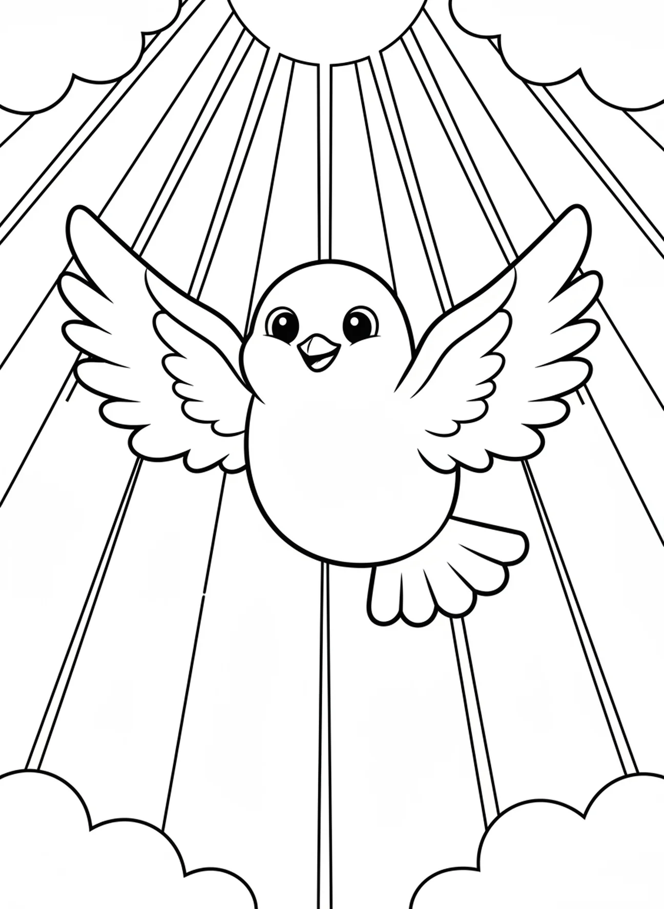 Pomba sorridente, página para colorir sobre o Batismo de Jesus para crianças de 3 a 5 anos.
