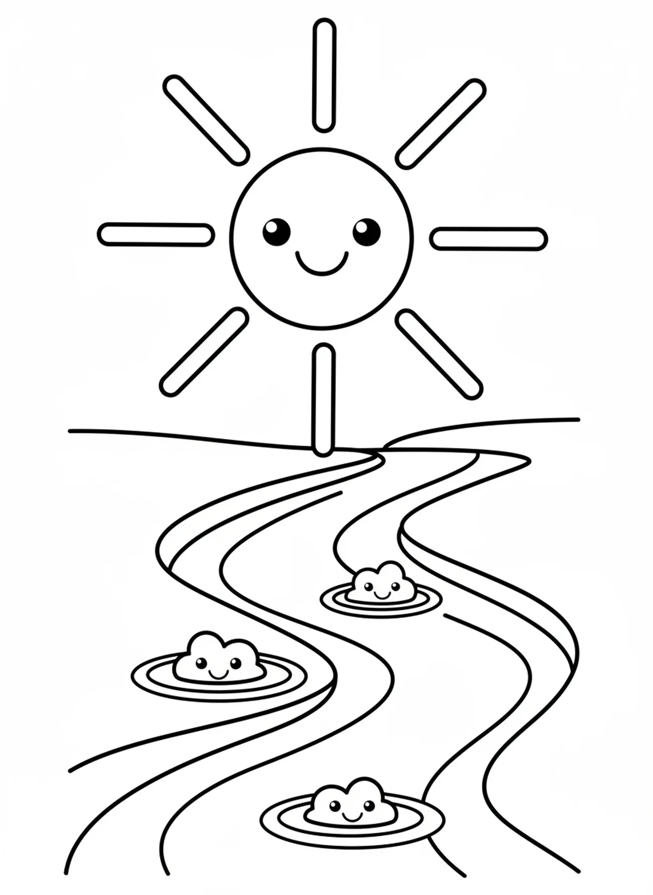 Página de colorir do Batismo de Jesus com sol sorridente para crianças de 3 a 5 anos.