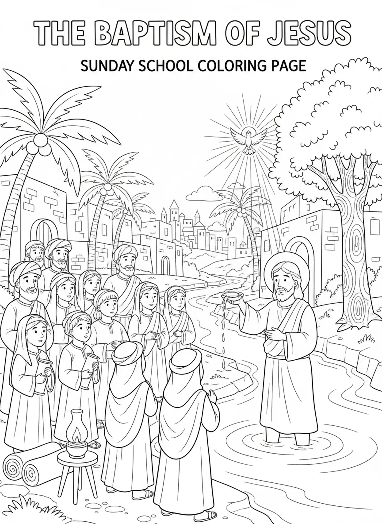 Multidão diversificada à beira do rio, página para colorir sobre o Batismo de Jesus para crianças da Escola Dominical de 5 a 12 anos.