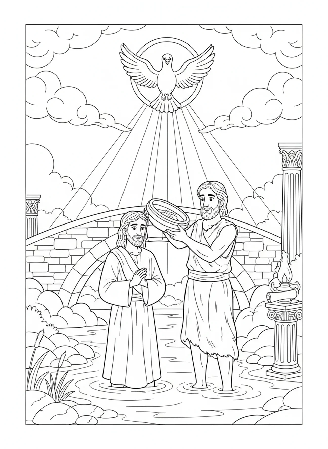 Pomba descendo do céu, página para colorir do Batismo de Jesus para crianças da Escola Dominical de 5 a 12 anos.