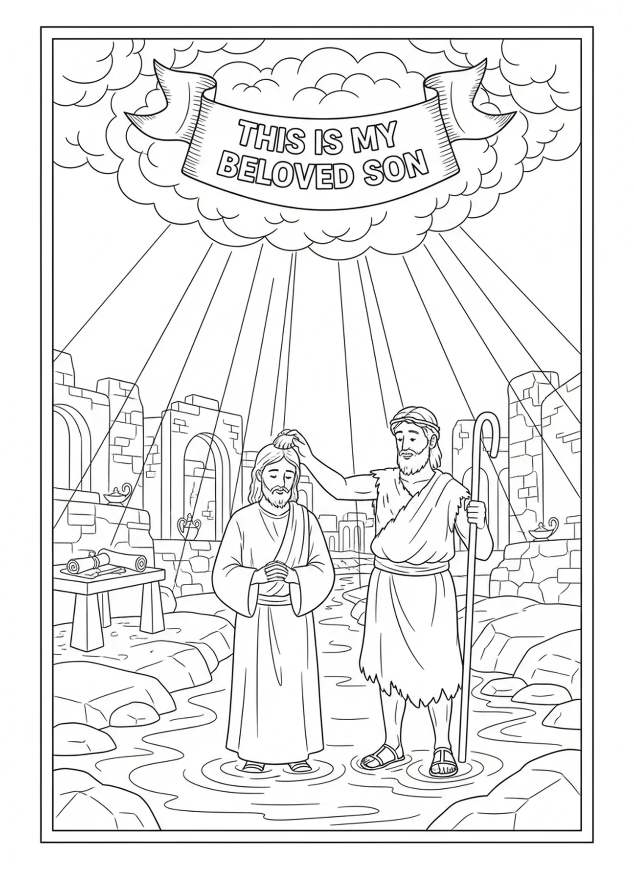 Céus se abrindo com voz falando, página de colorir do Batismo de Jesus para crianças da Escola Dominical de 5 a 12 anos.
