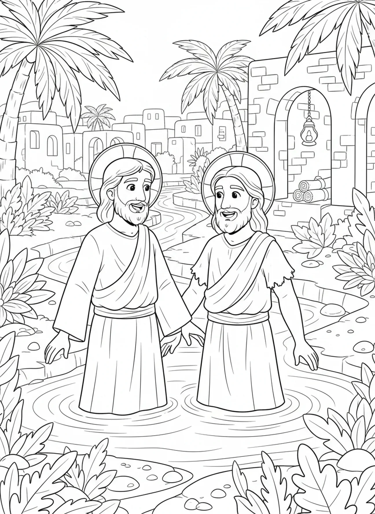 Jesus e João sorrindo juntos, página de colorir do Batismo de Jesus para crianças da Escola Dominical de 5 a 12 anos.