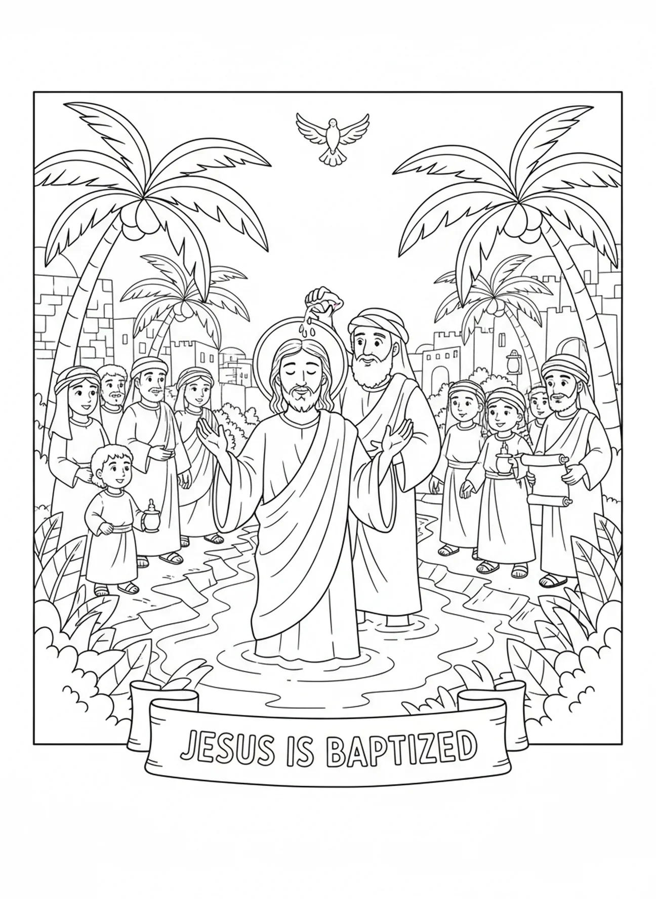 Jesus levantando as mãos em oração, página para colorir sobre o Batismo de Jesus para crianças de 5 a 12 anos na Escola Dominical.