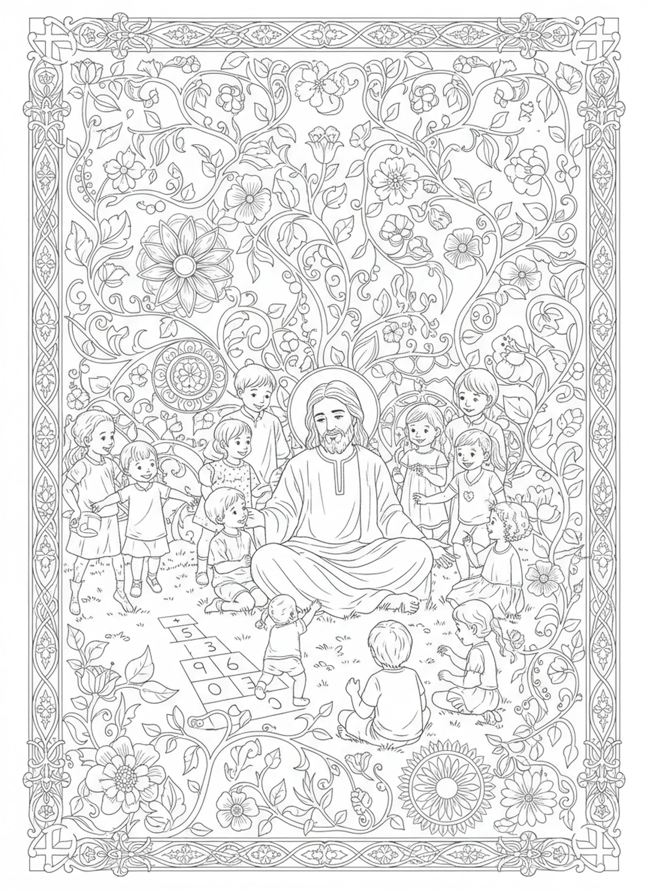 Kinder spielen, Jesus segnet die Kinder Ausmalbild für Erwachsene im Stil des Bibel-Journaling
