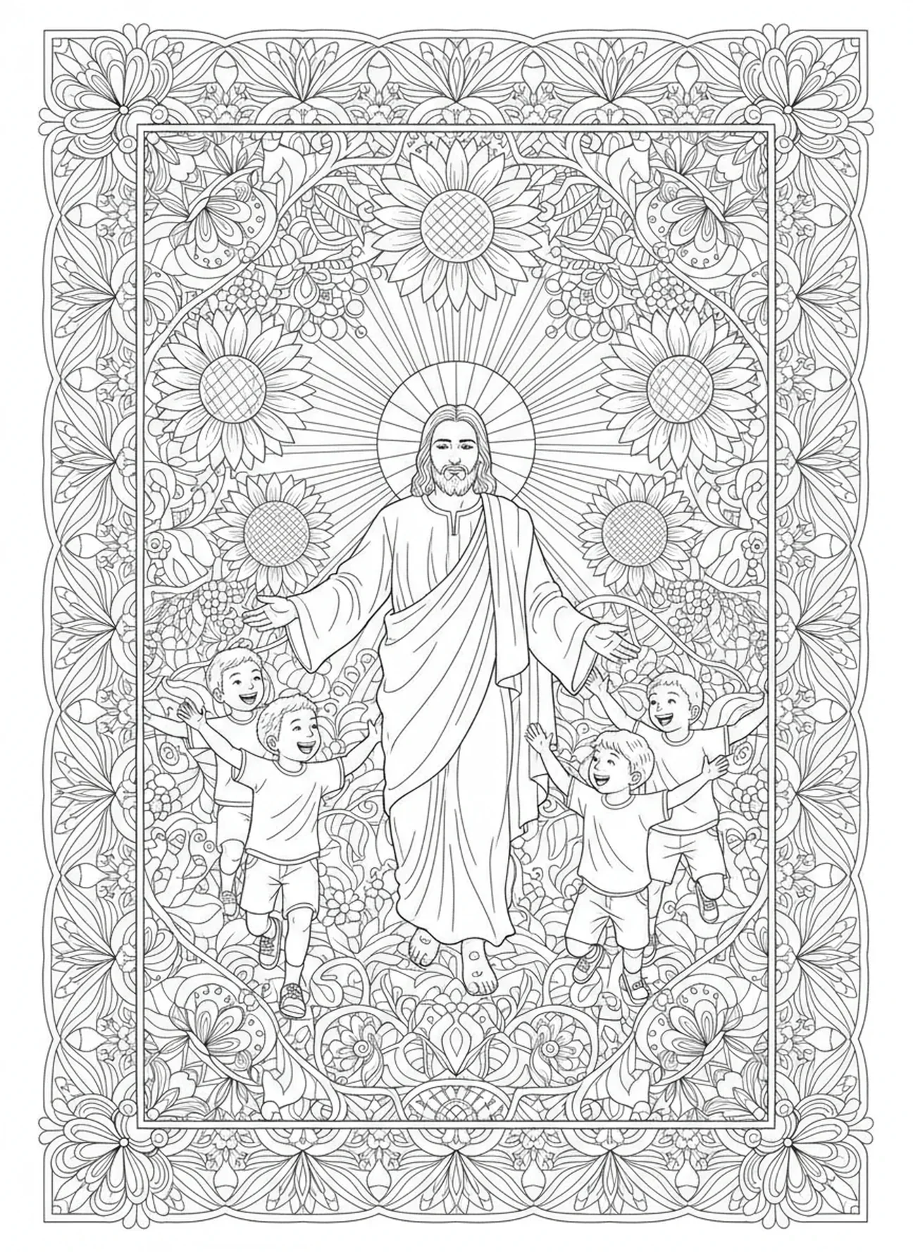 Fröhliche Kinder laufen, Jesus segnet die Kinder Ausmalbild für Erwachsene im Stil des Bibeljournalings