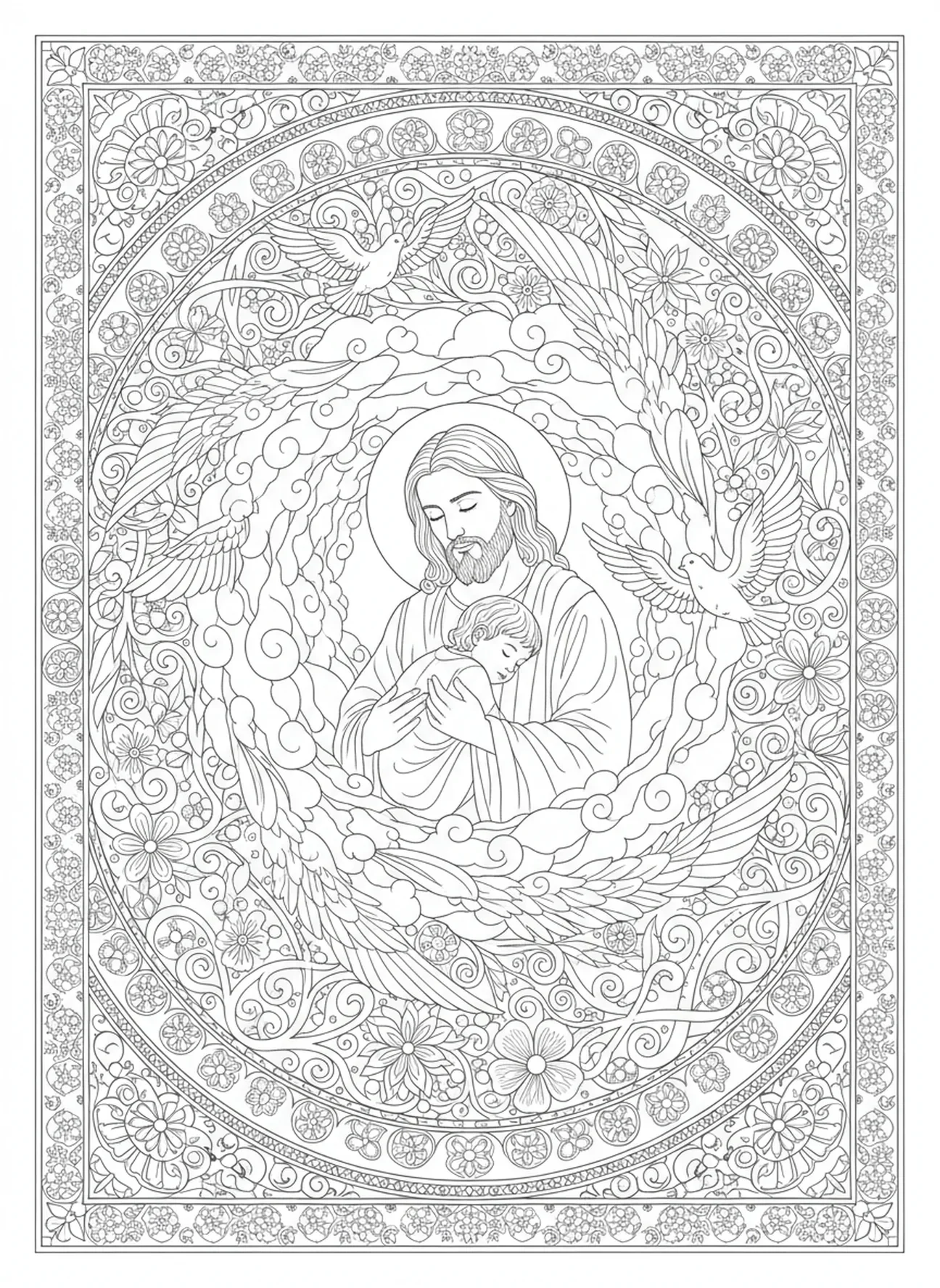 Jesus hält ein Kind, Ausmalbild Jesus segnet die Kinder im Stil des Bibeljournaling für Erwachsene