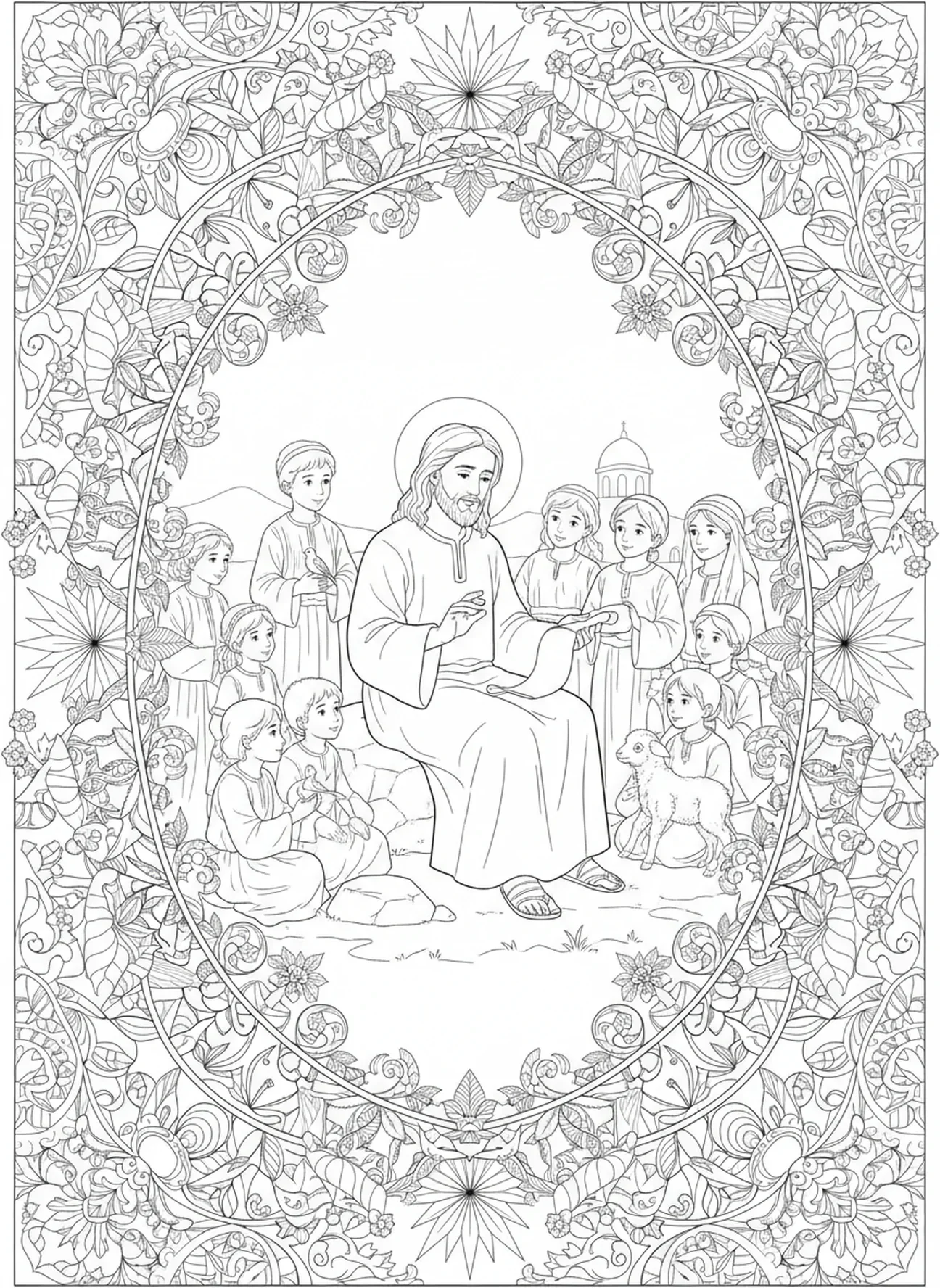 Jesus lehrt Kinder, Ausmalbild Jesus segnet die Kinder im Stil des Bibel-Journalings für Erwachsene