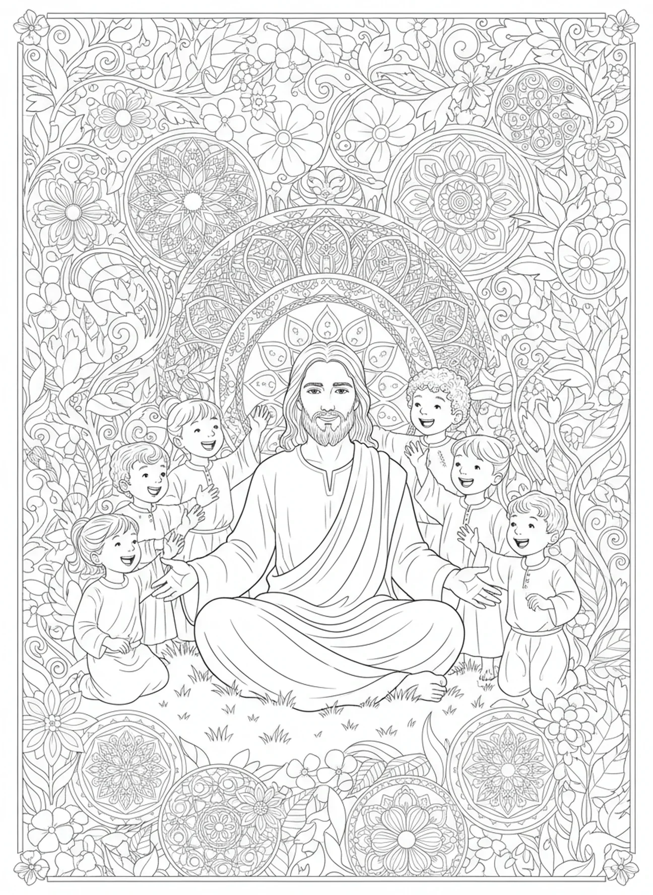 Jesus und Kinder, Jesus segnet die Kinder Ausmalbild für Erwachsene im Stil des Bibel-Journaling